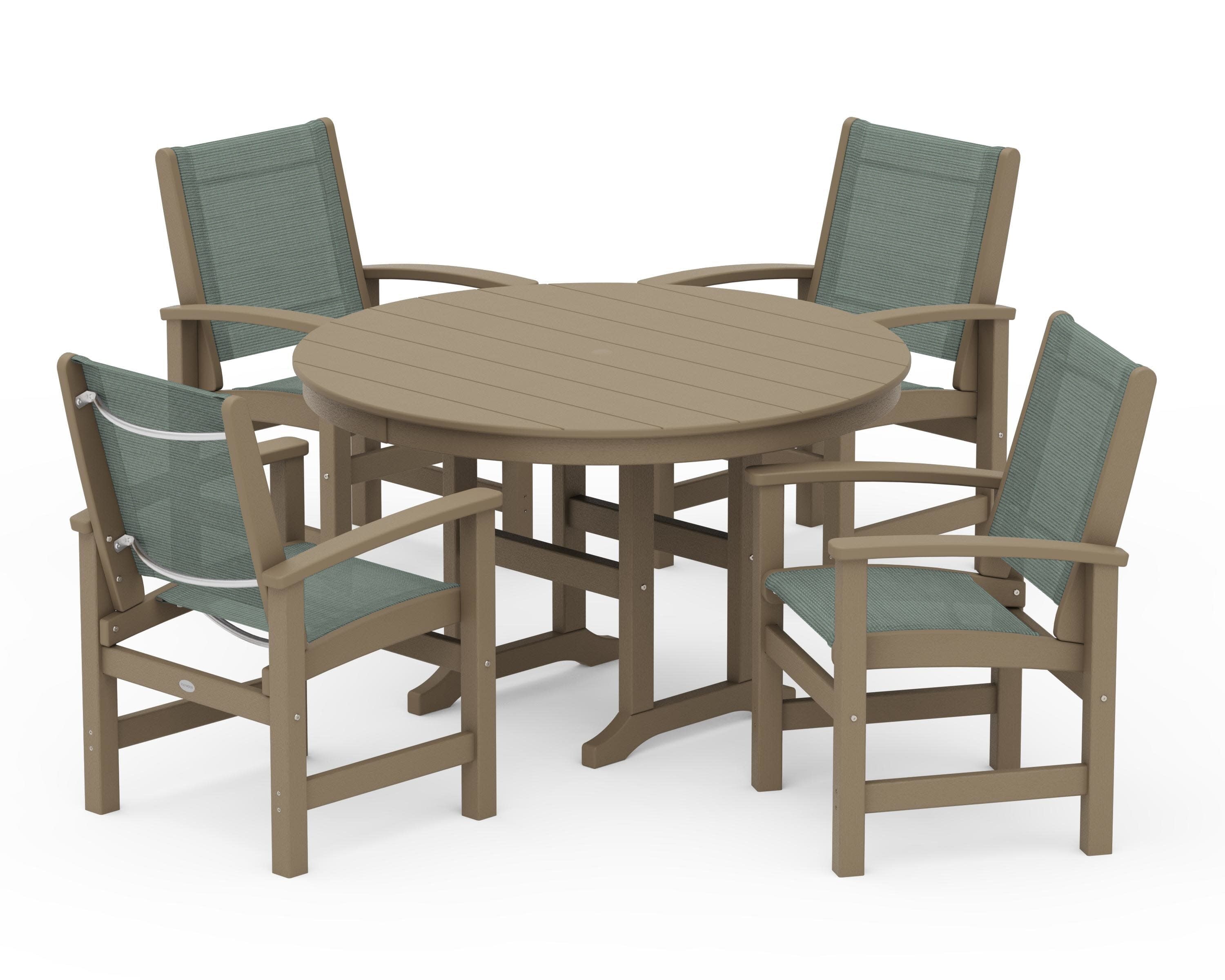 Coastal 5-Piece Round Farmhouse Dining Set in Vintage Sahara / Dupioni Sea Mist Sling