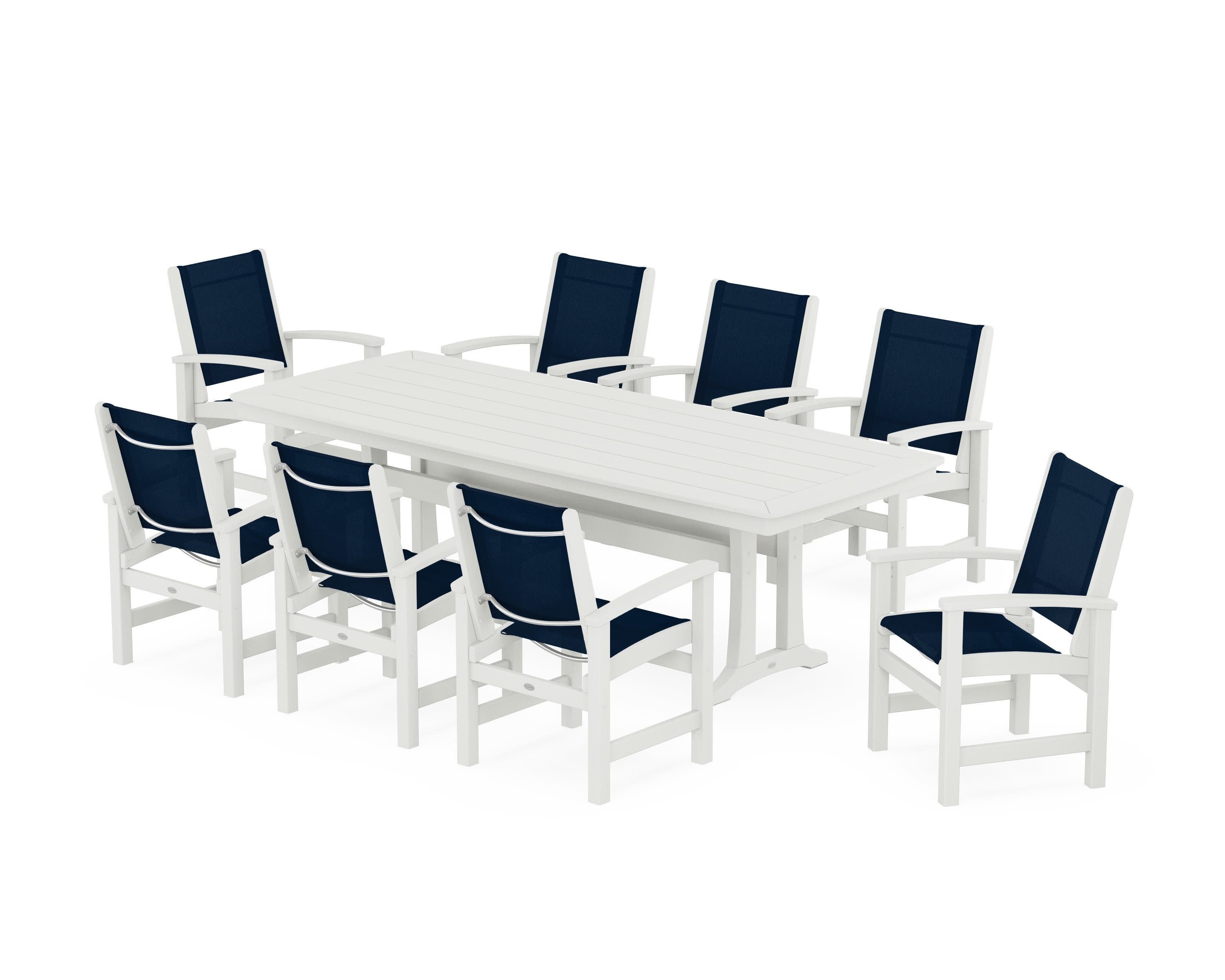Coastal 9-Piece Dining Set with Trestle Legs in Vintage White / Navy Blue Sling
