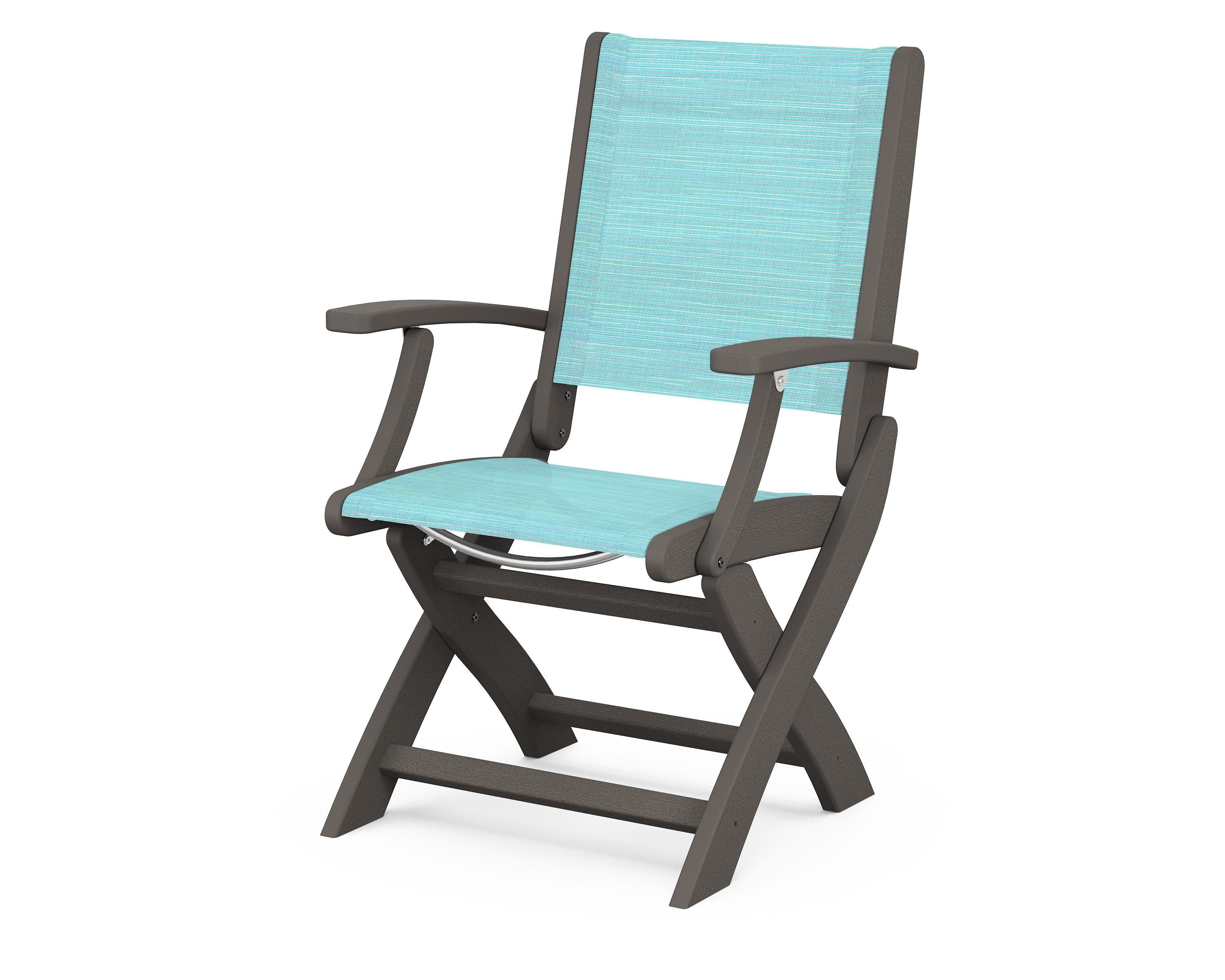 Coastal Folding Chair in Vintage Coffee / Dupioni Aquamarine Sling