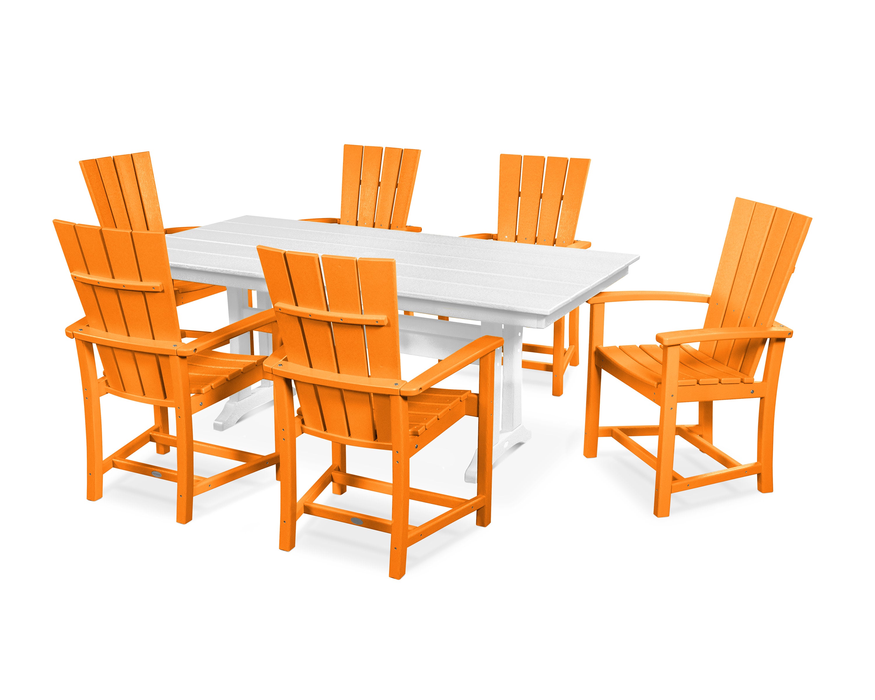 Quattro 7-Piece Farmhouse Dining Set with Trestle Legs in Tangerine / White