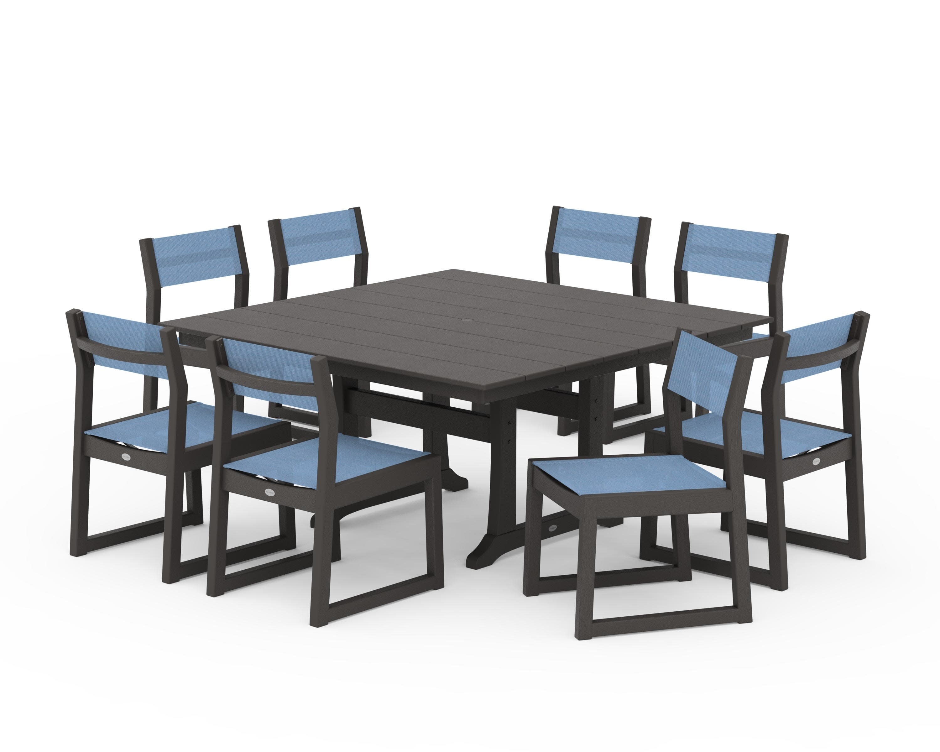 EDGE Sling Side Chair 9-Piece Farmhouse Trestle Dining Set in Vintage Coffee / Poolside Sling