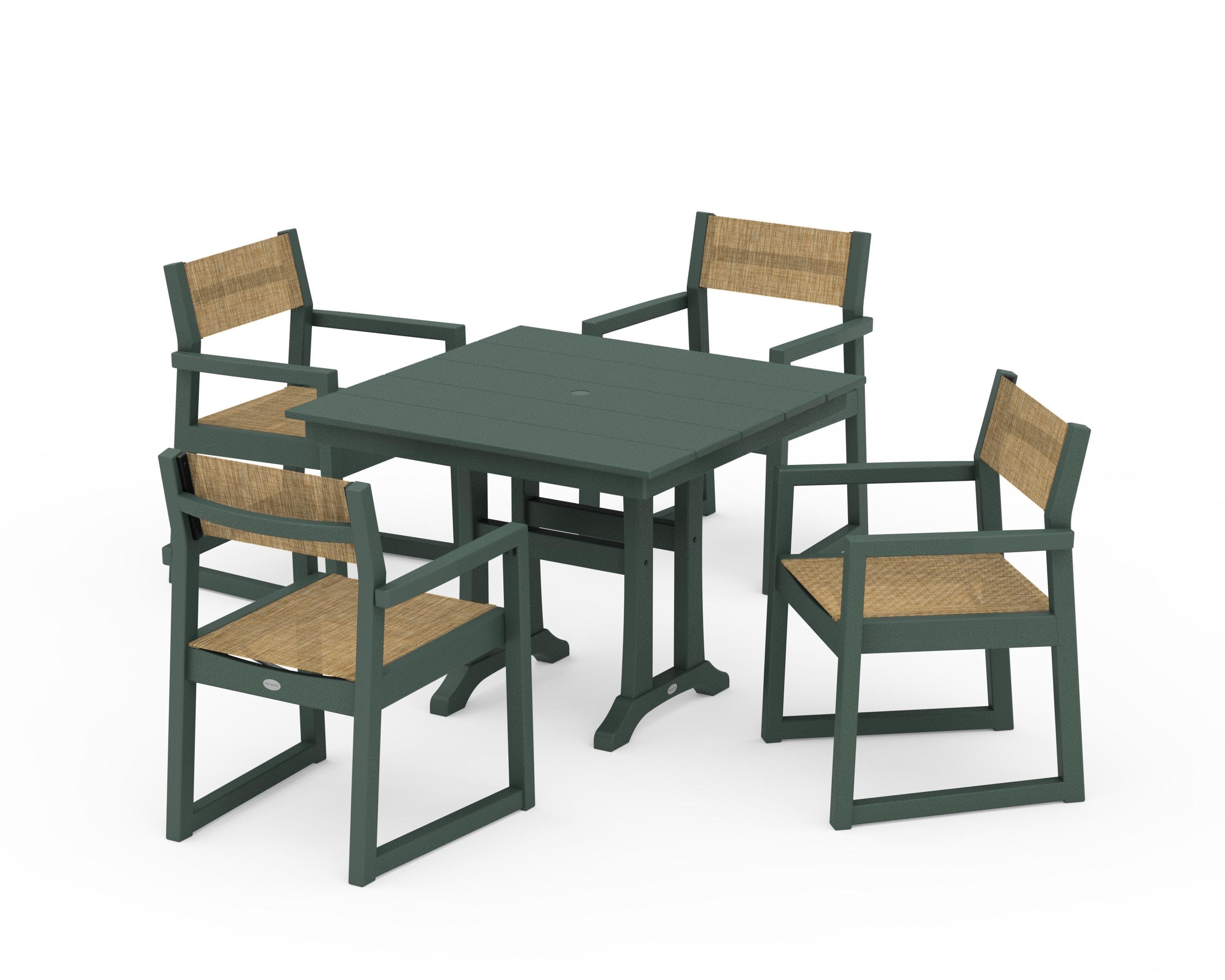 EDGE Sling 5-Piece Farmhouse Dining Set with Trestle Legs in Green / Burlap Sling