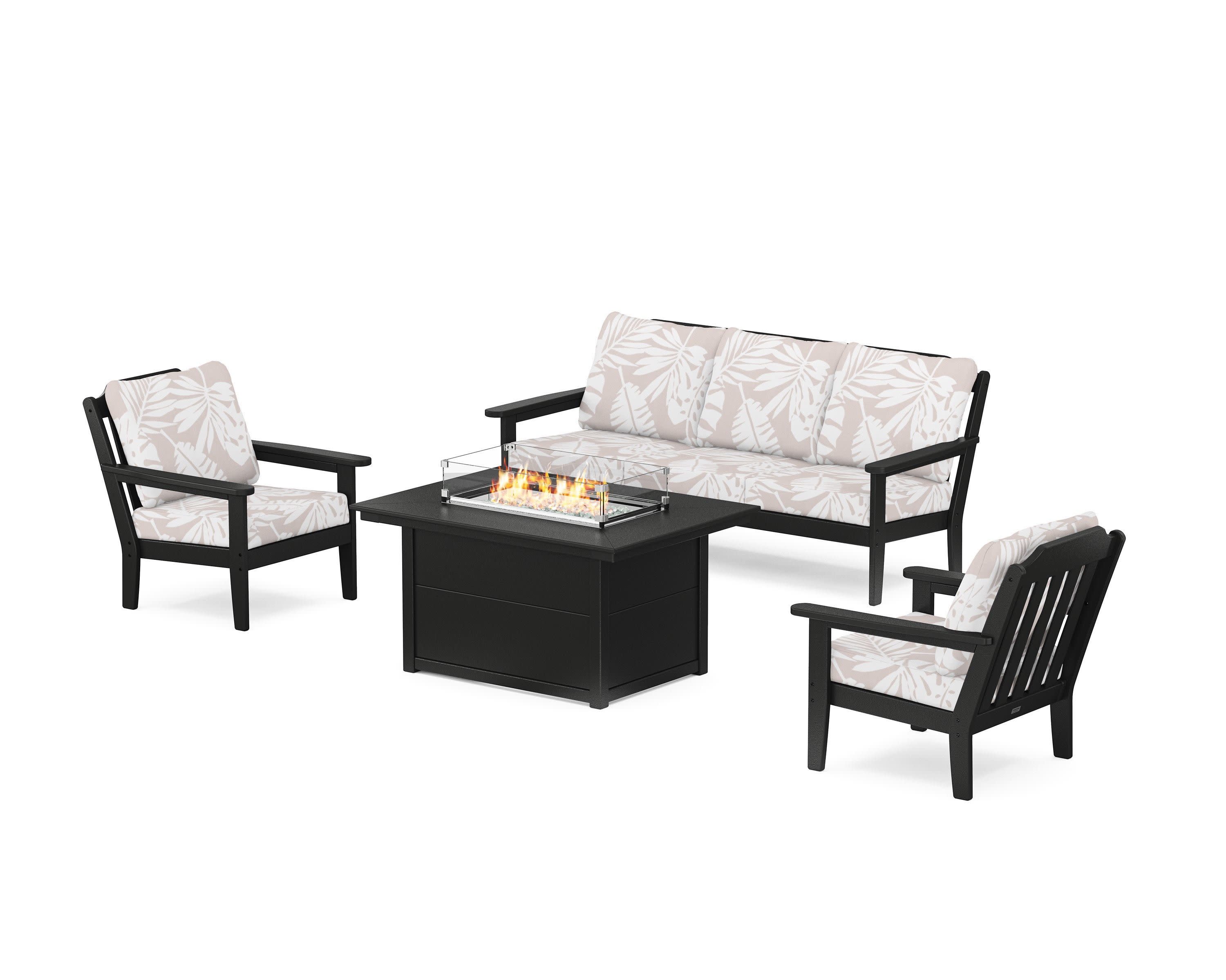 Cottage Deep Seating Fire Pit Table Set in Black / Leaf Dune Burlap