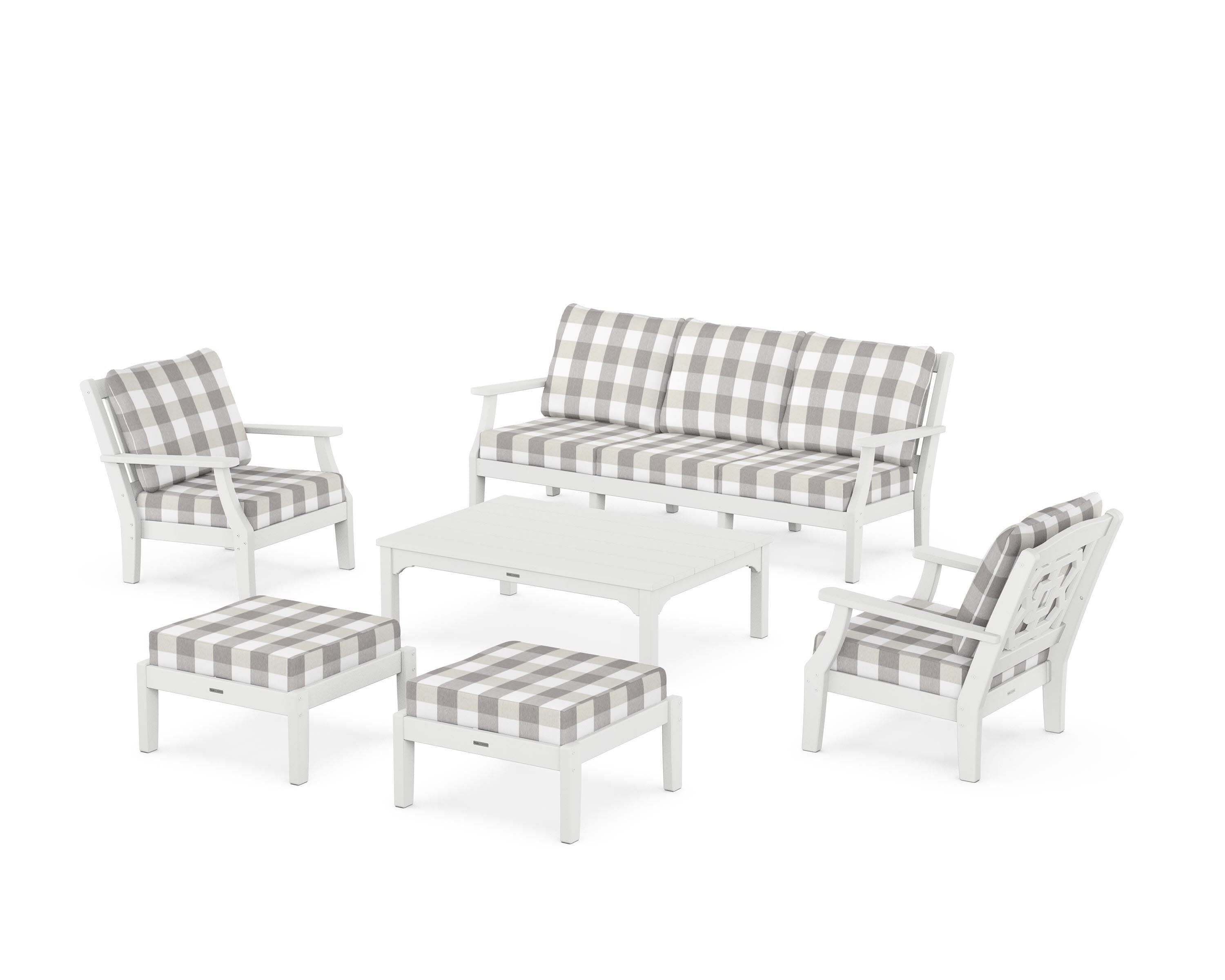 Chinoiserie 6-Piece Lounge Sofa Set in White / Buffalo Plaid Grey Mist