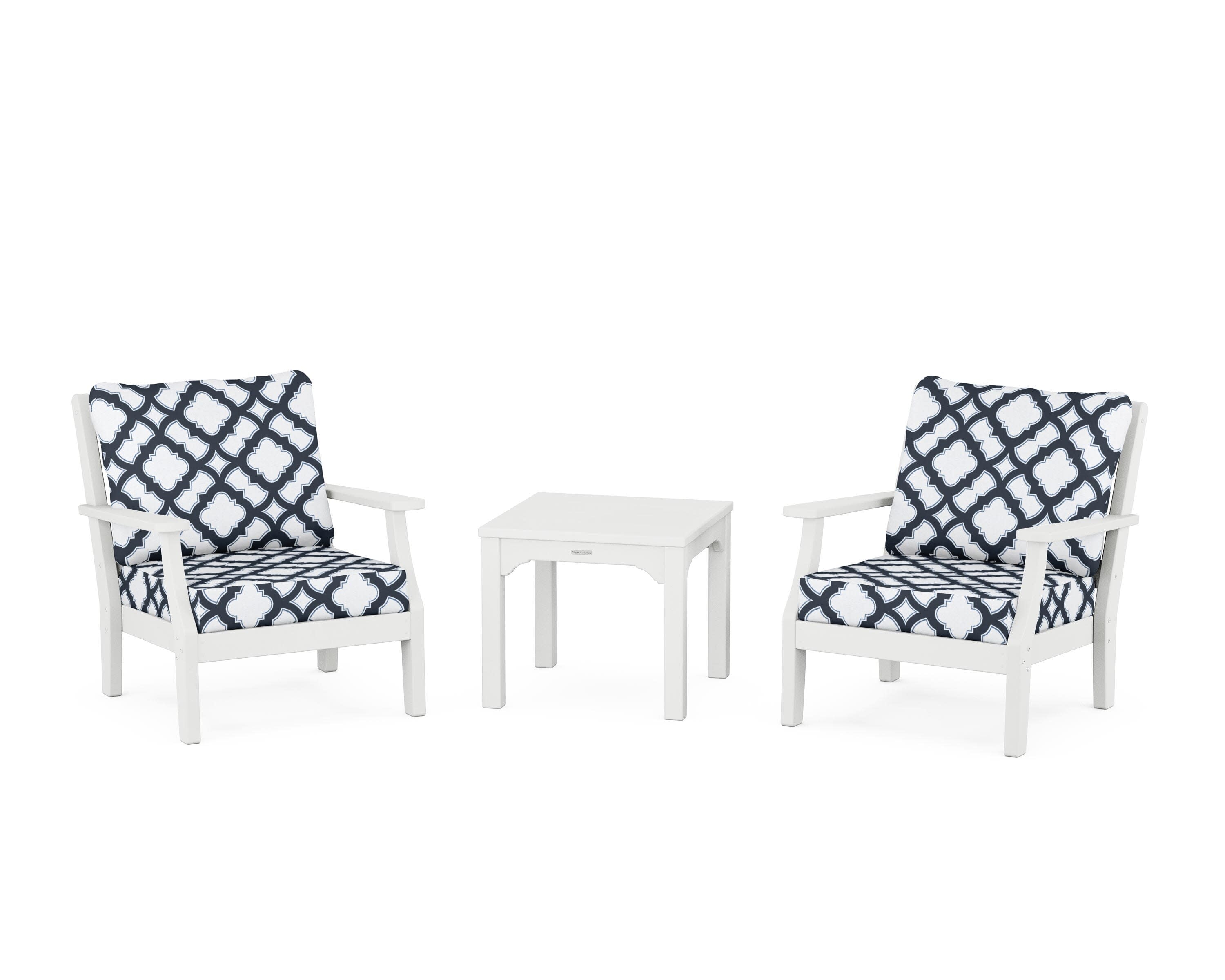 Chinoiserie 3-Piece Deep Seating Set in White / Trellis Marine Indigo