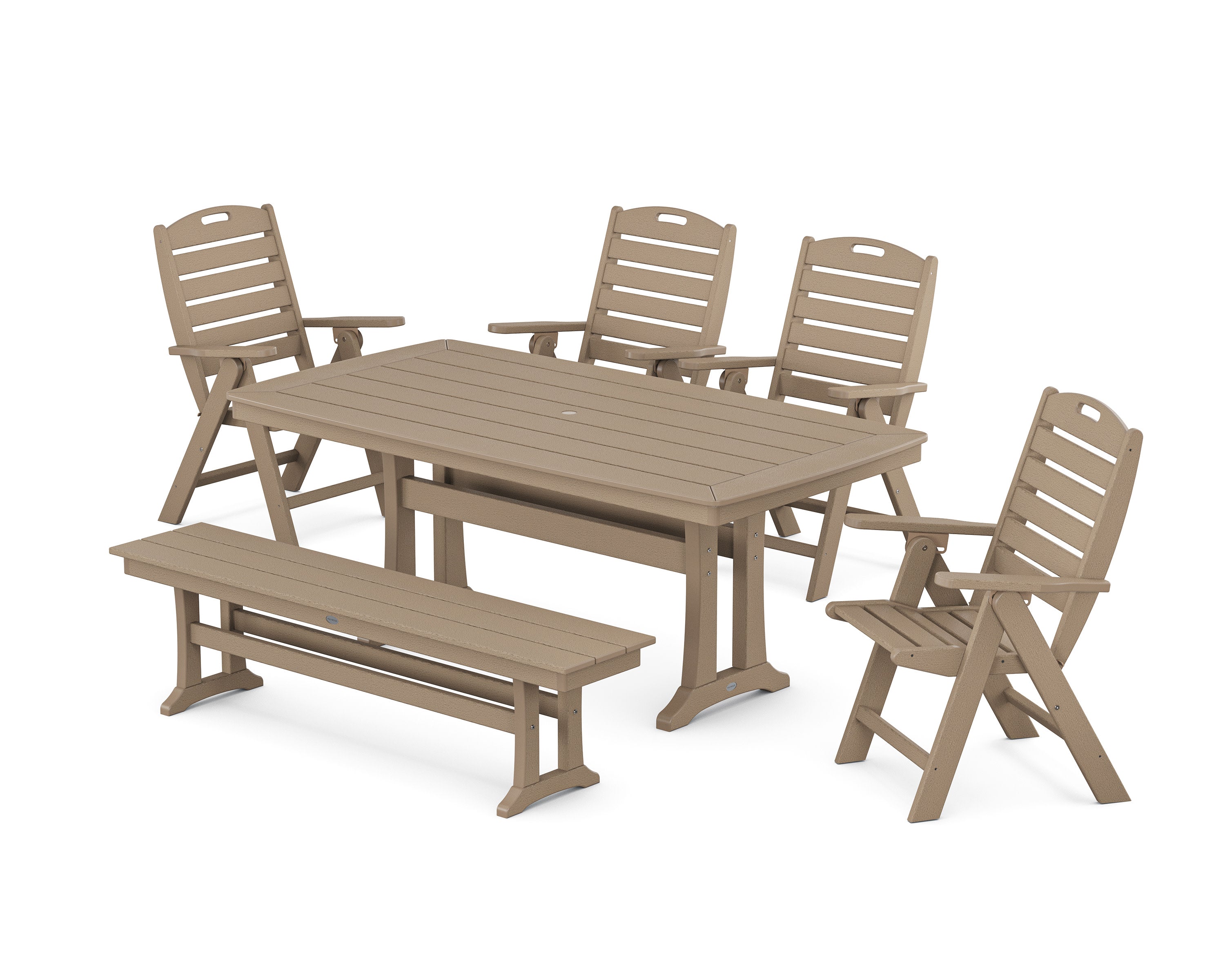 Nautical Highback 6-Piece Dining Set with Trestle Legs and Bench in Vintage Sahara
