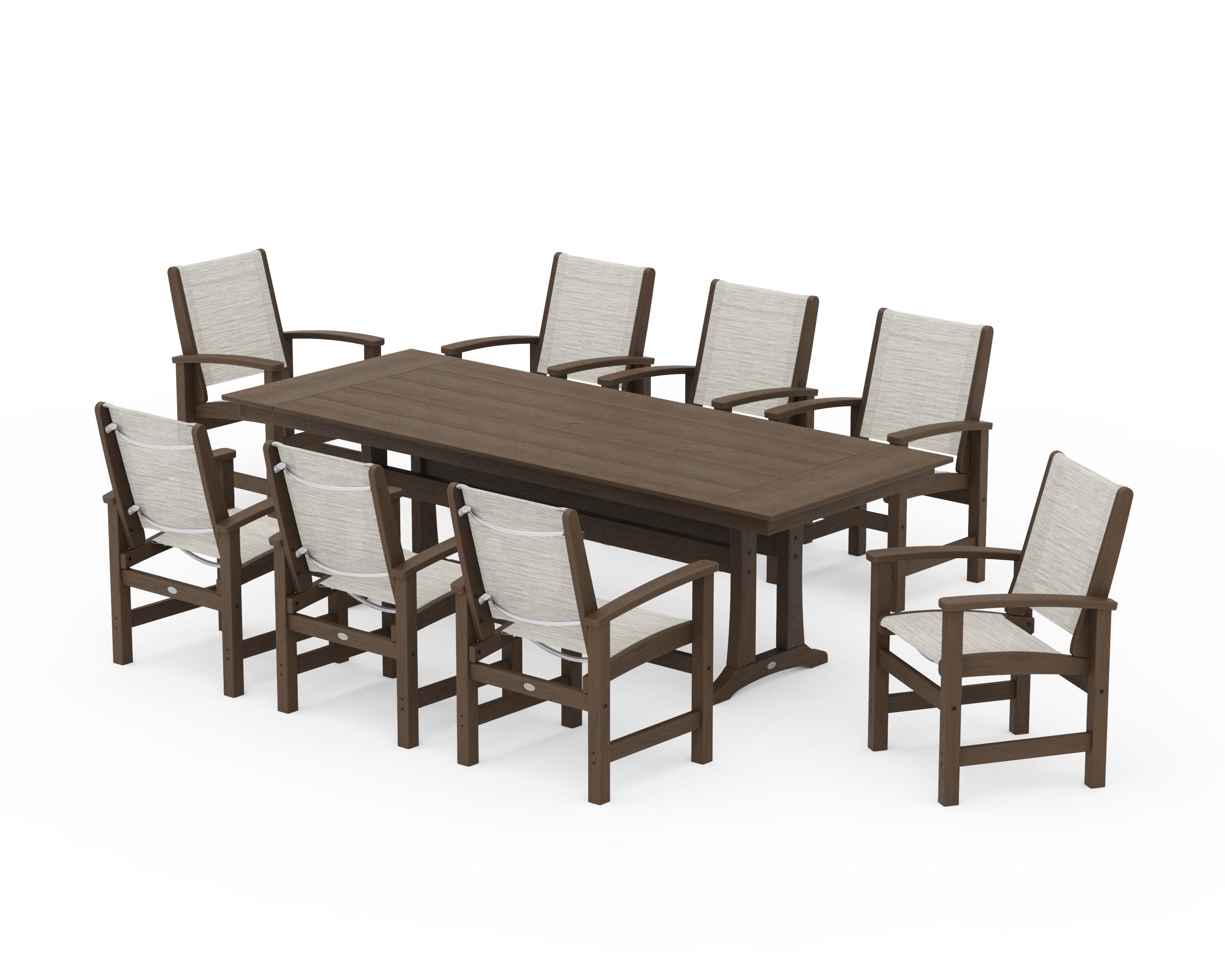 Coastal 9-Piece Farmhouse Dining Set with Trestle Legs in Kona / Birch Sling
