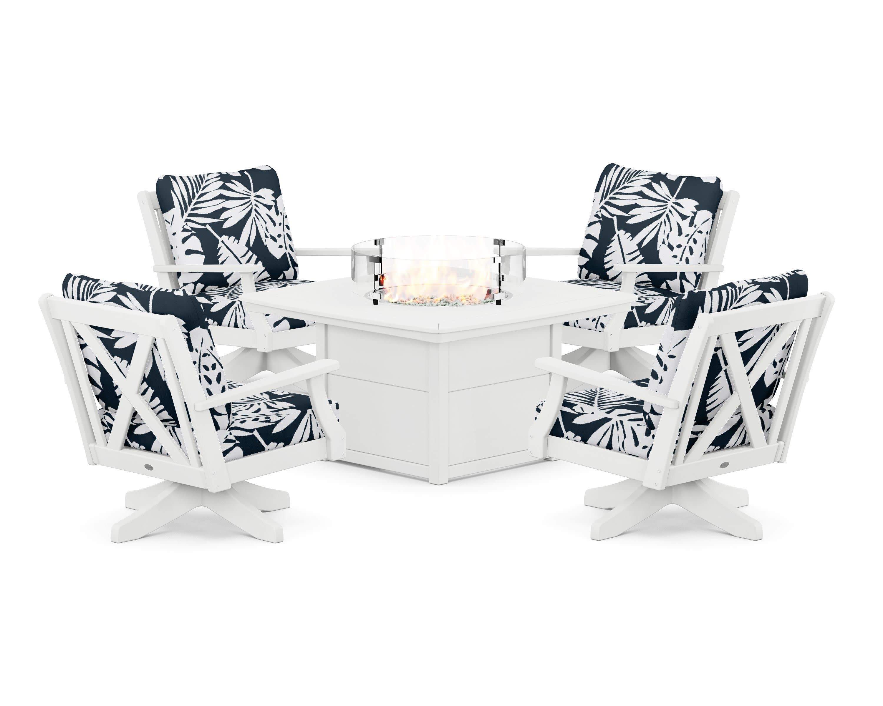 Braxton 5-Piece Deep Seating Swivel Conversation Set with Fire Pit Table in White / Leaf Marine Indigo
