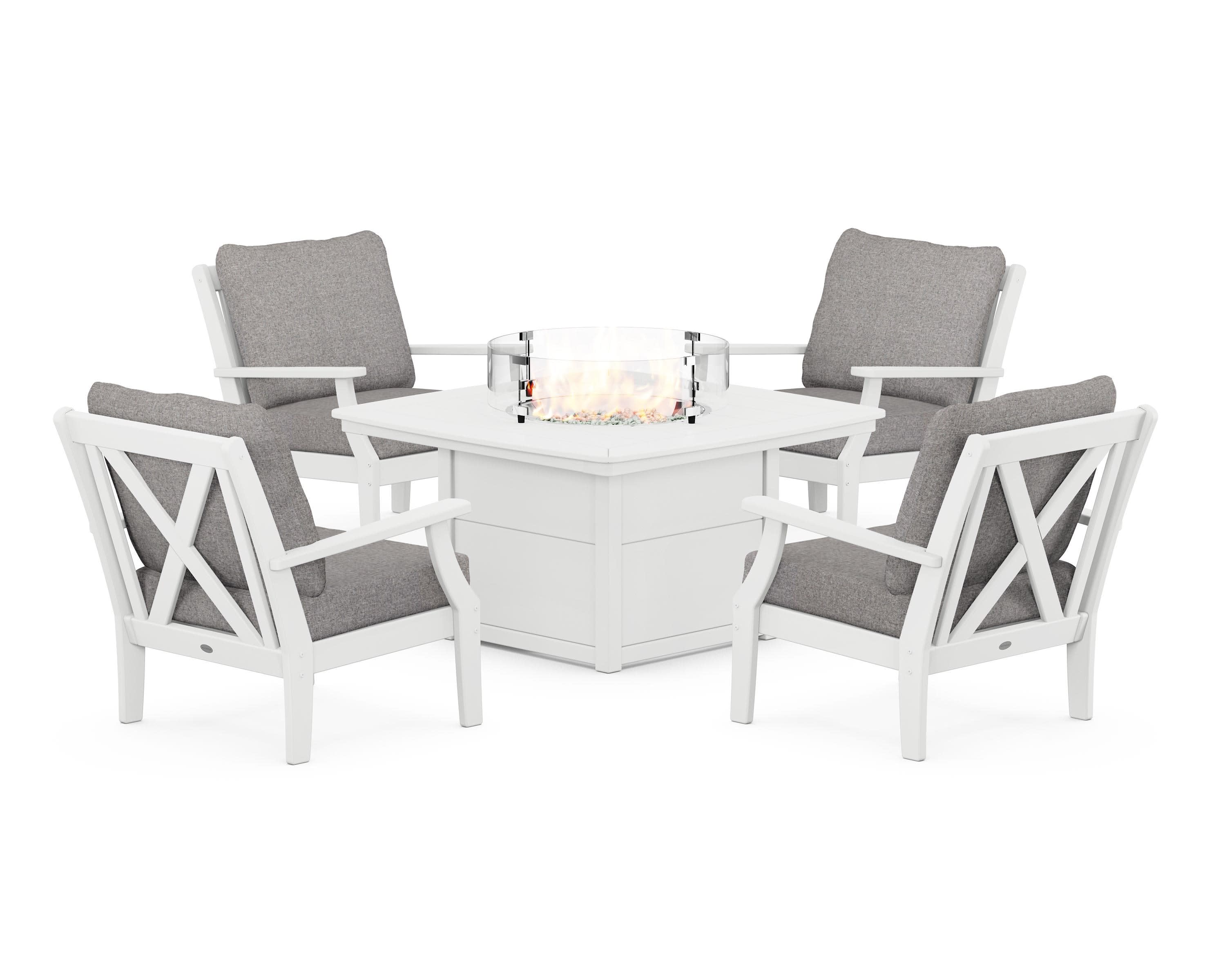 Braxton 5-Piece Deep Seating Conversation Set with Fire Pit Table in White / Grey Mist
