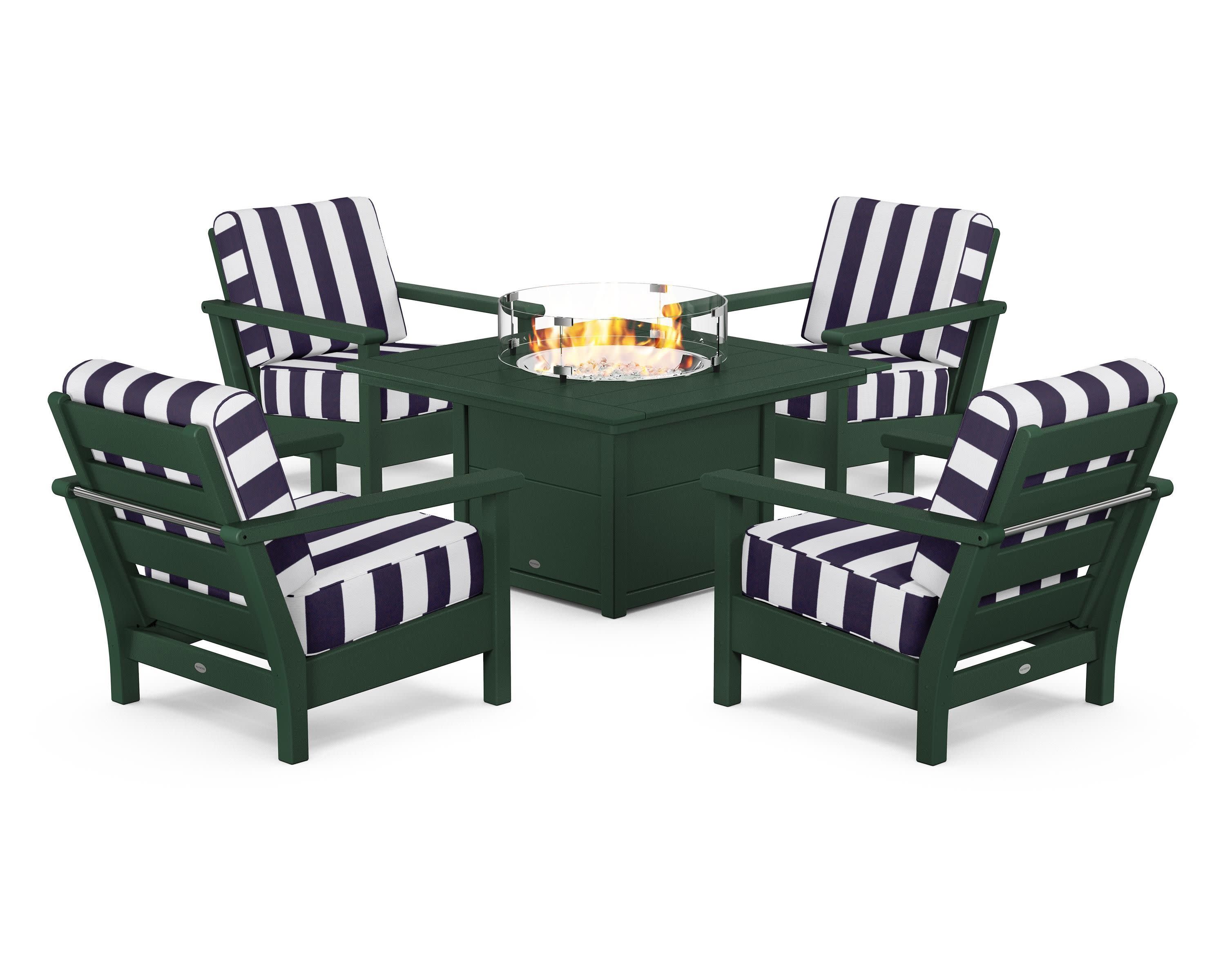 Harbour 5-Piece Conversation Set with Fire Pit Table in Green / Cabana Stripe Navy