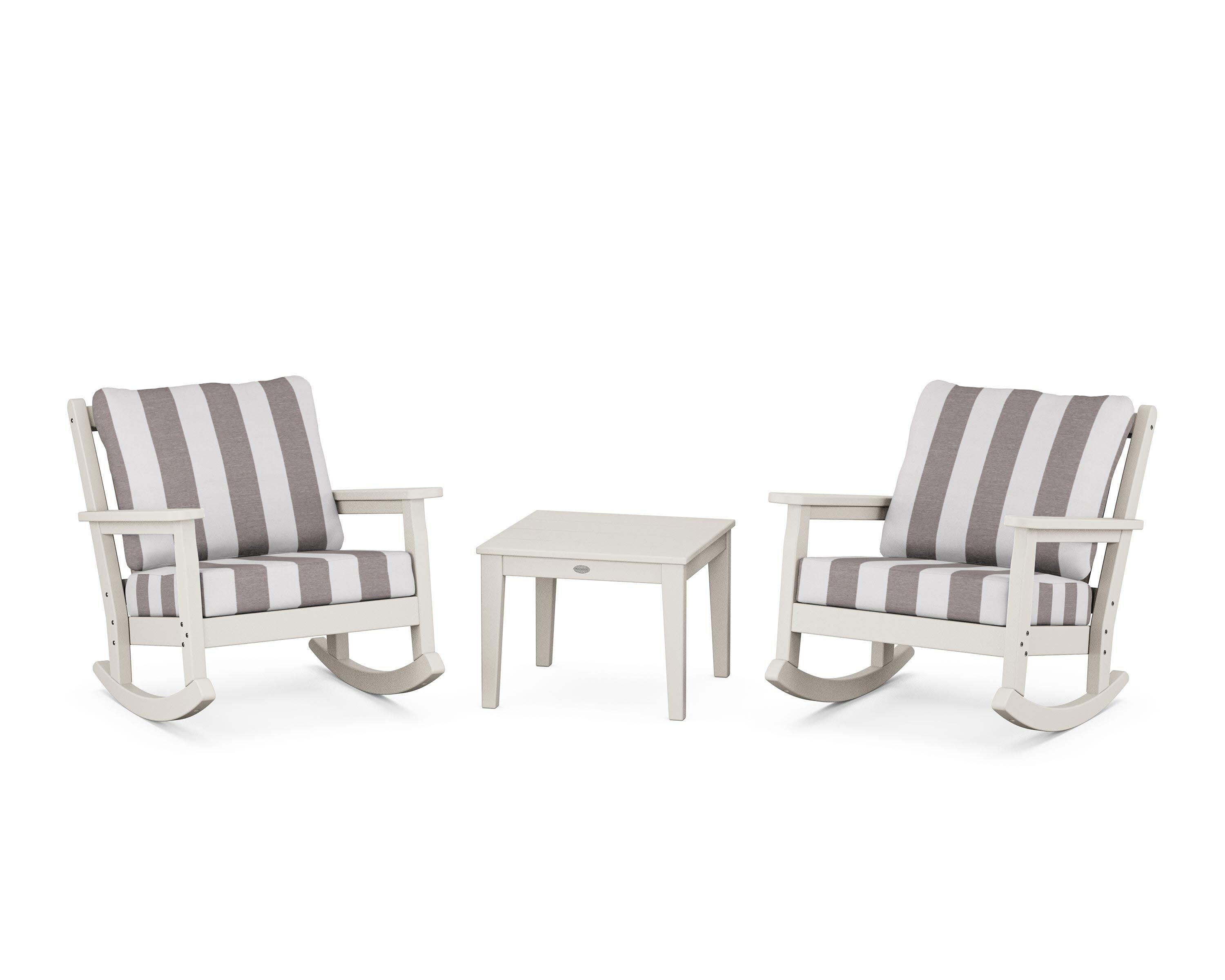 Chippendale 3-Piece Deep Seating Rocker Set in Sand / Cabana Stripe Grey Mist