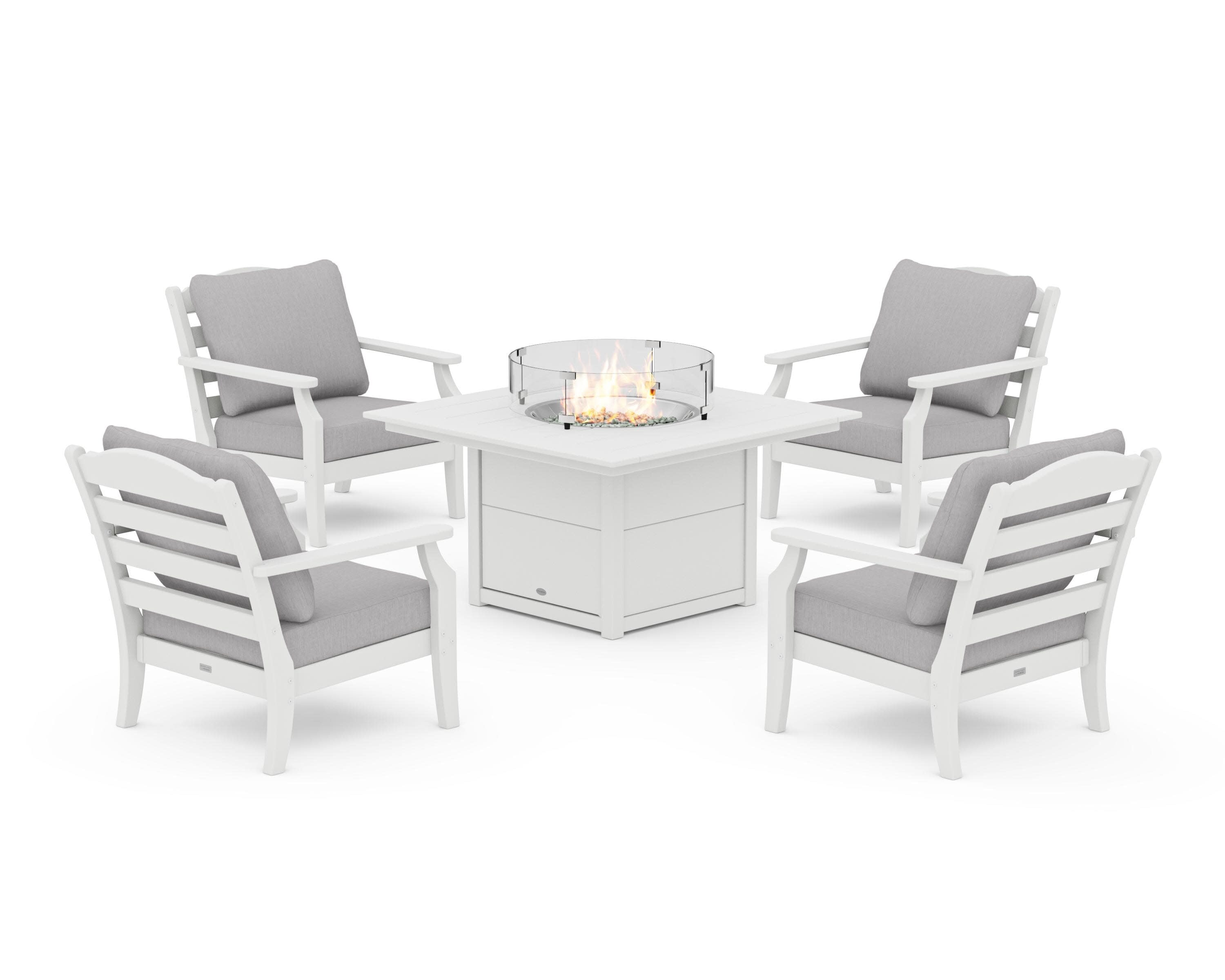 Savannah 5-Piece Deep Seating Set with Fire Pit Table in White / Granite