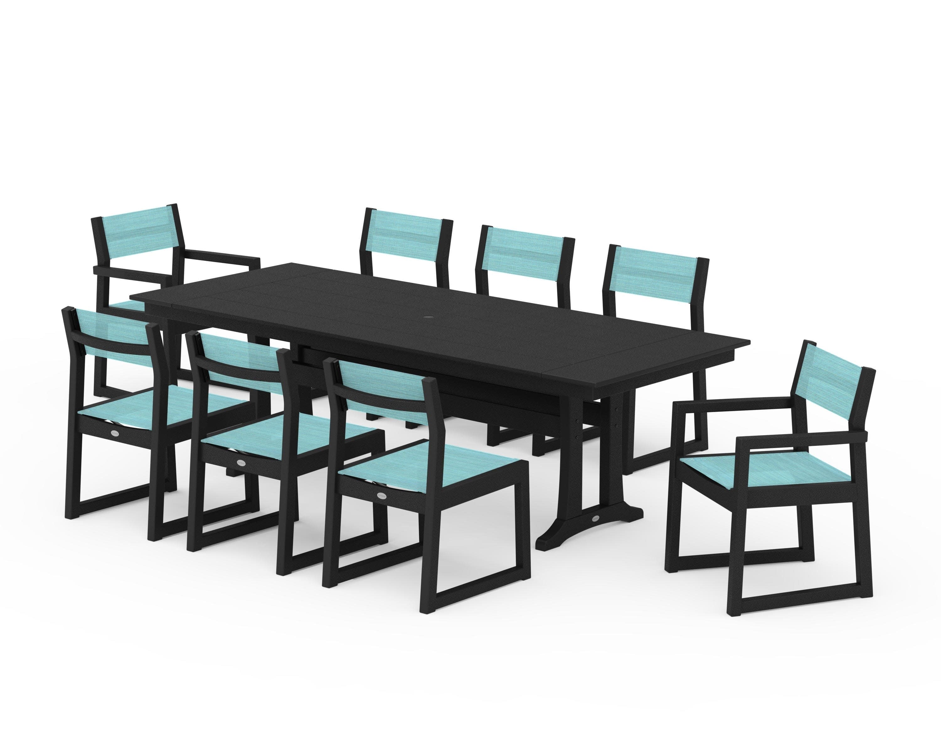 EDGE Sling 9-Piece Farmhouse Trestle Dining Set in Black / Dupioni Aquamarine Sling