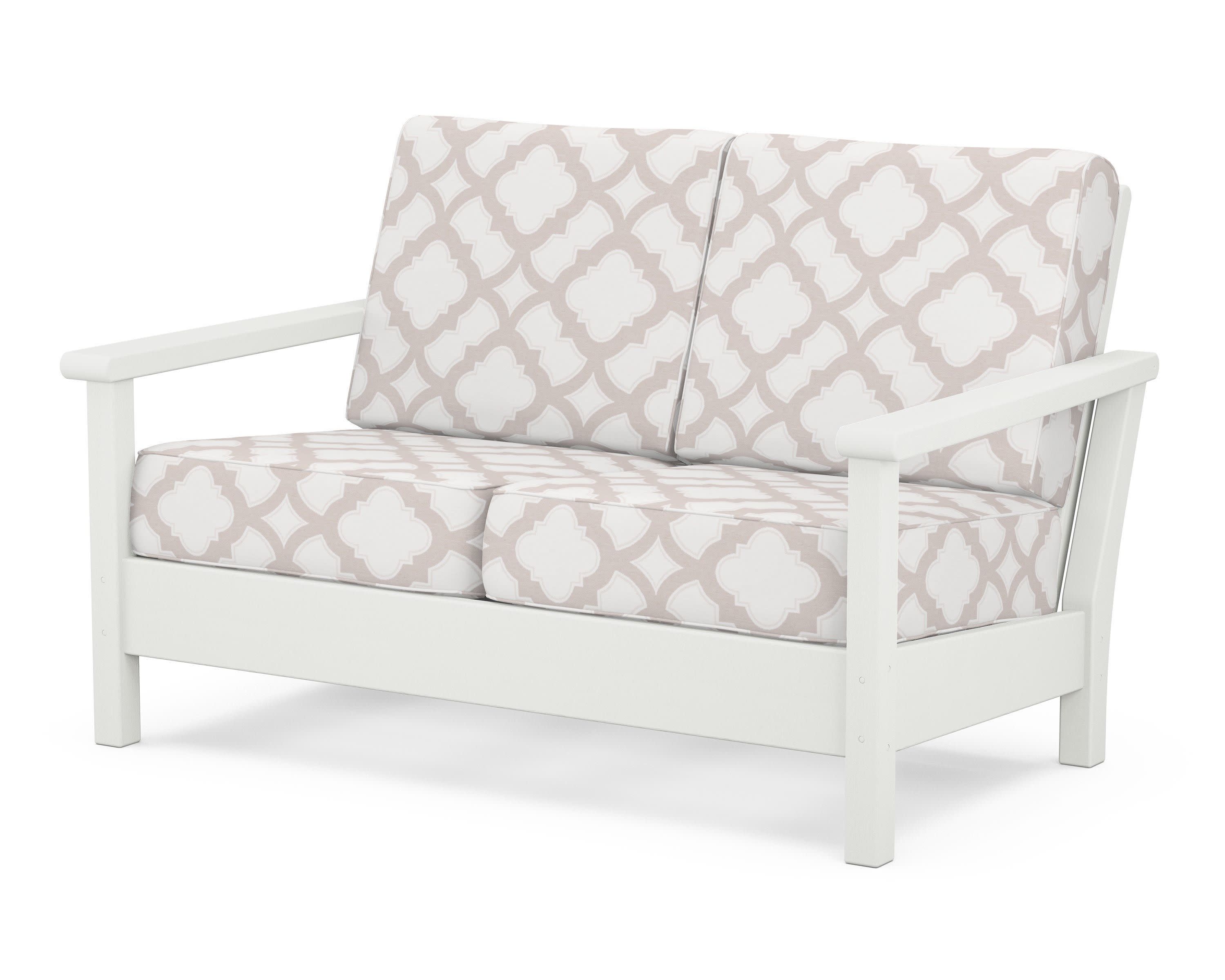 Harbour Deep Seating Loveseat in Vintage White / Trellis Dune Burlap