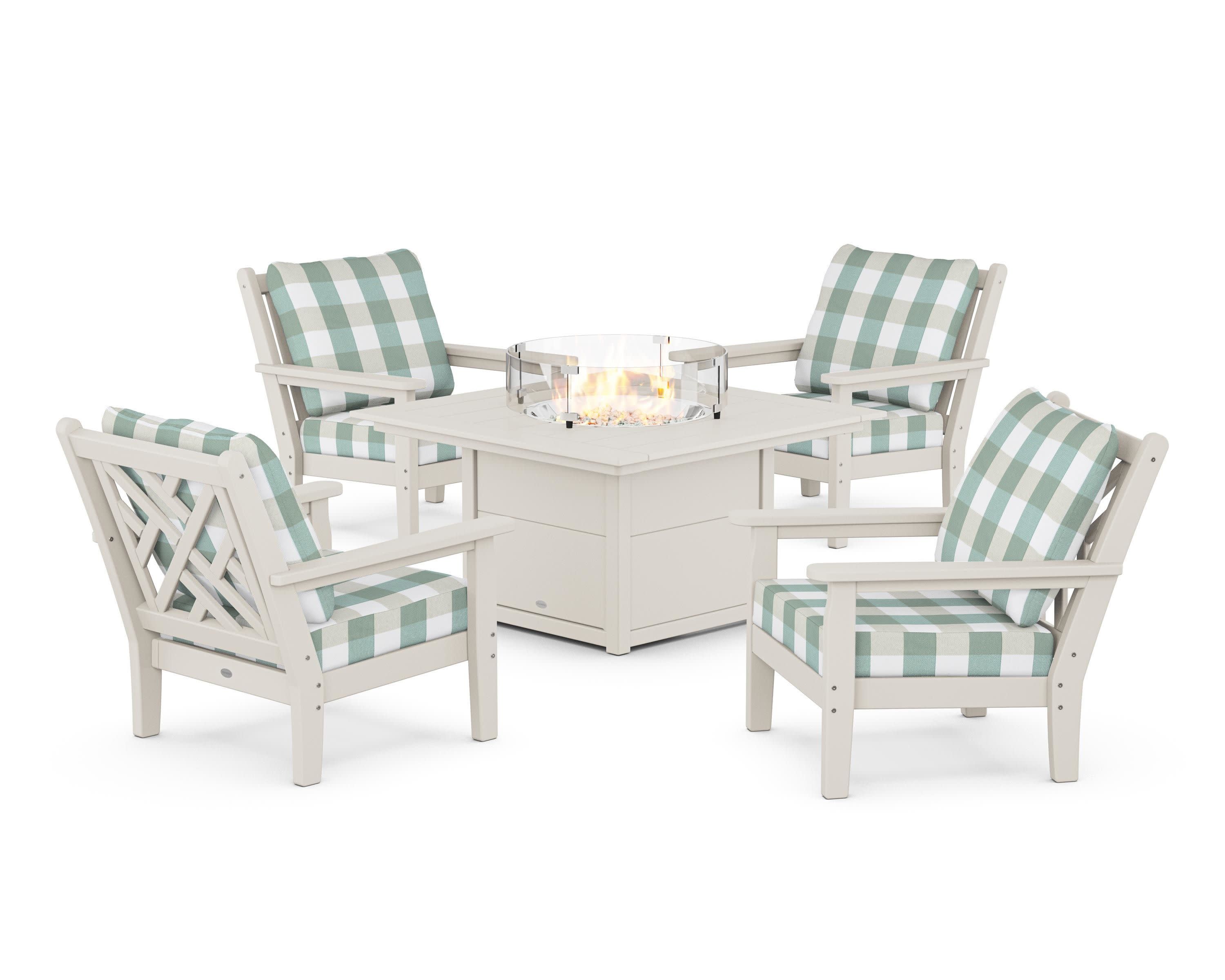 Chippendale 5-Piece Deep Seating Set with Fire Pit Table in Sand / Buffalo Plaid Glacier Spa