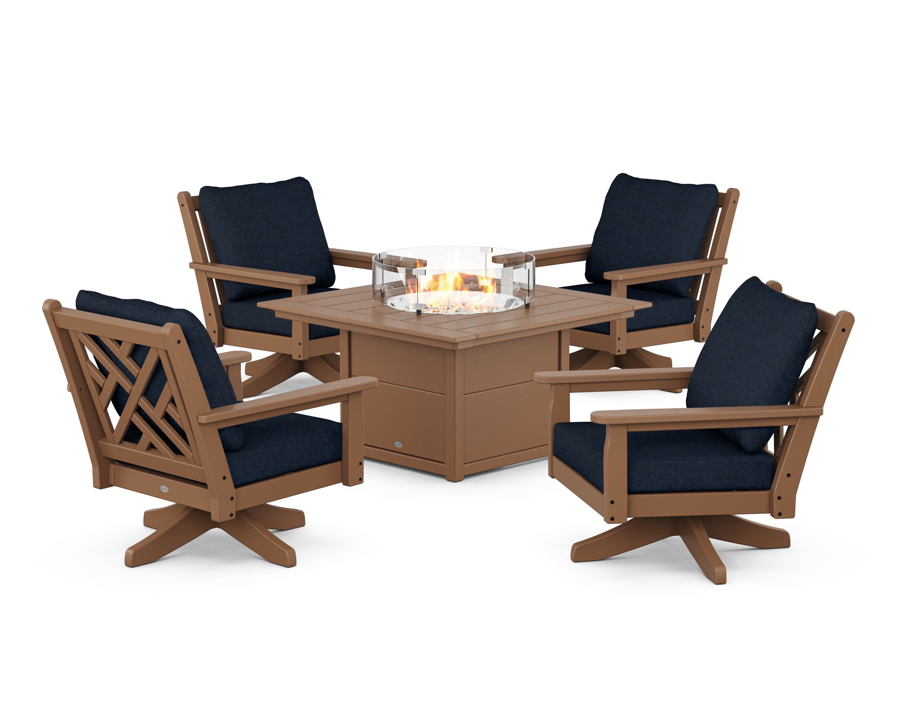 Chippendale 5-Piece Deep Seating Swivel Conversation Set with Fire Pit Table in Teak / Marine Indigo