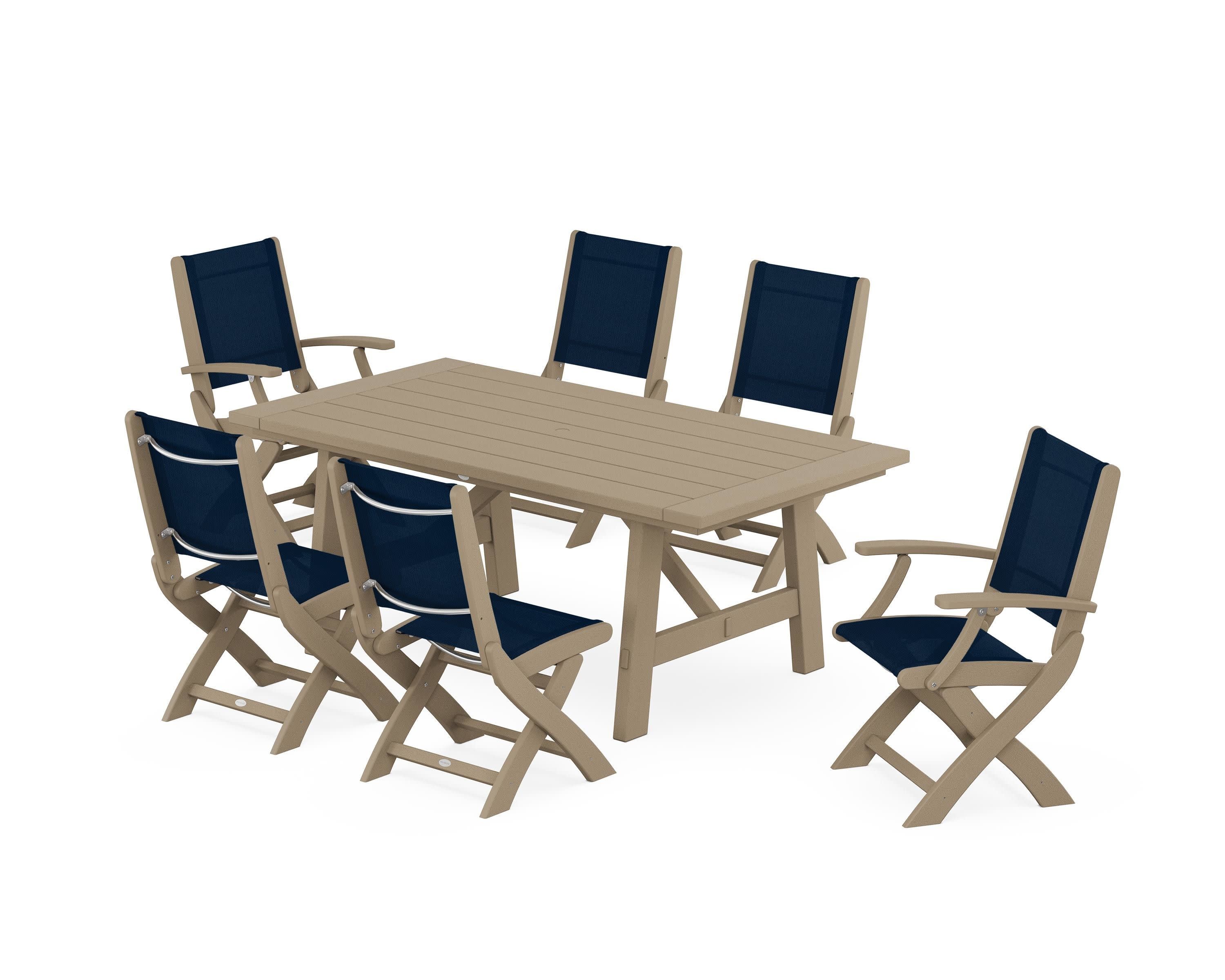 Coastal Folding Chair 7-Piece Rustic Farmhouse Dining Set in Vintage Sahara / Navy Blue Sling