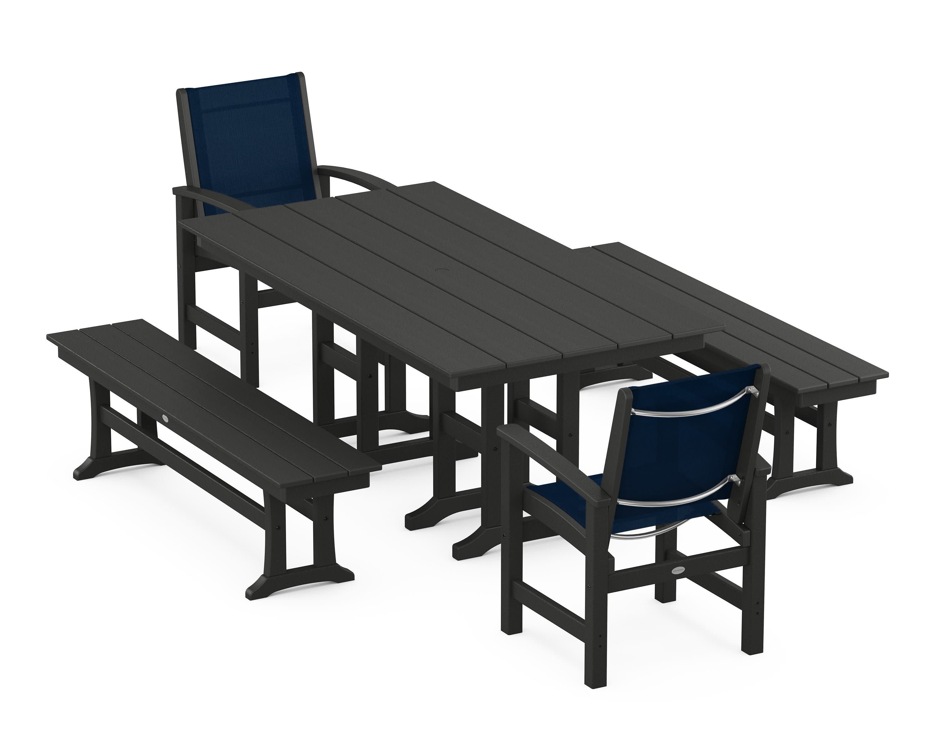 Coastal 5-Piece Farmhouse Dining Set in Black / Navy Blue Sling