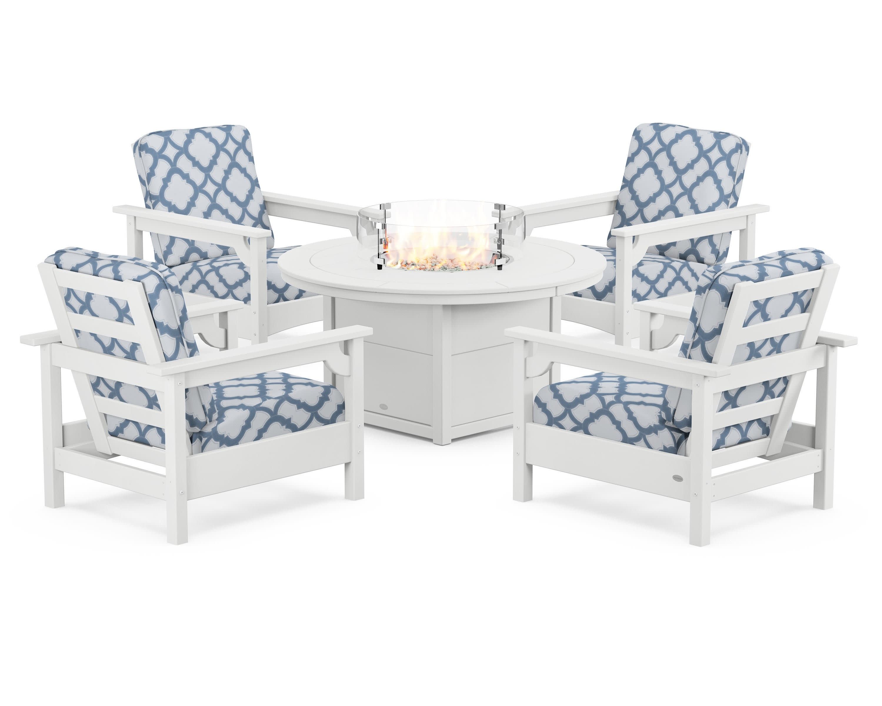 Club 5-Piece Conversation Set with Fire Pit Table in White / Trellis Sky Blue