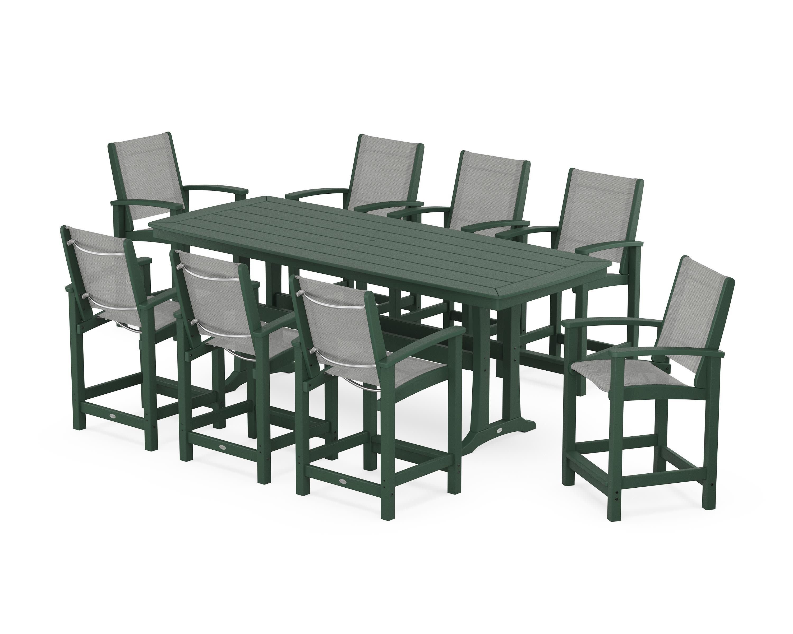 Coastal 9-Piece Counter Set with Trestle Legs in Green / Metallic Sling