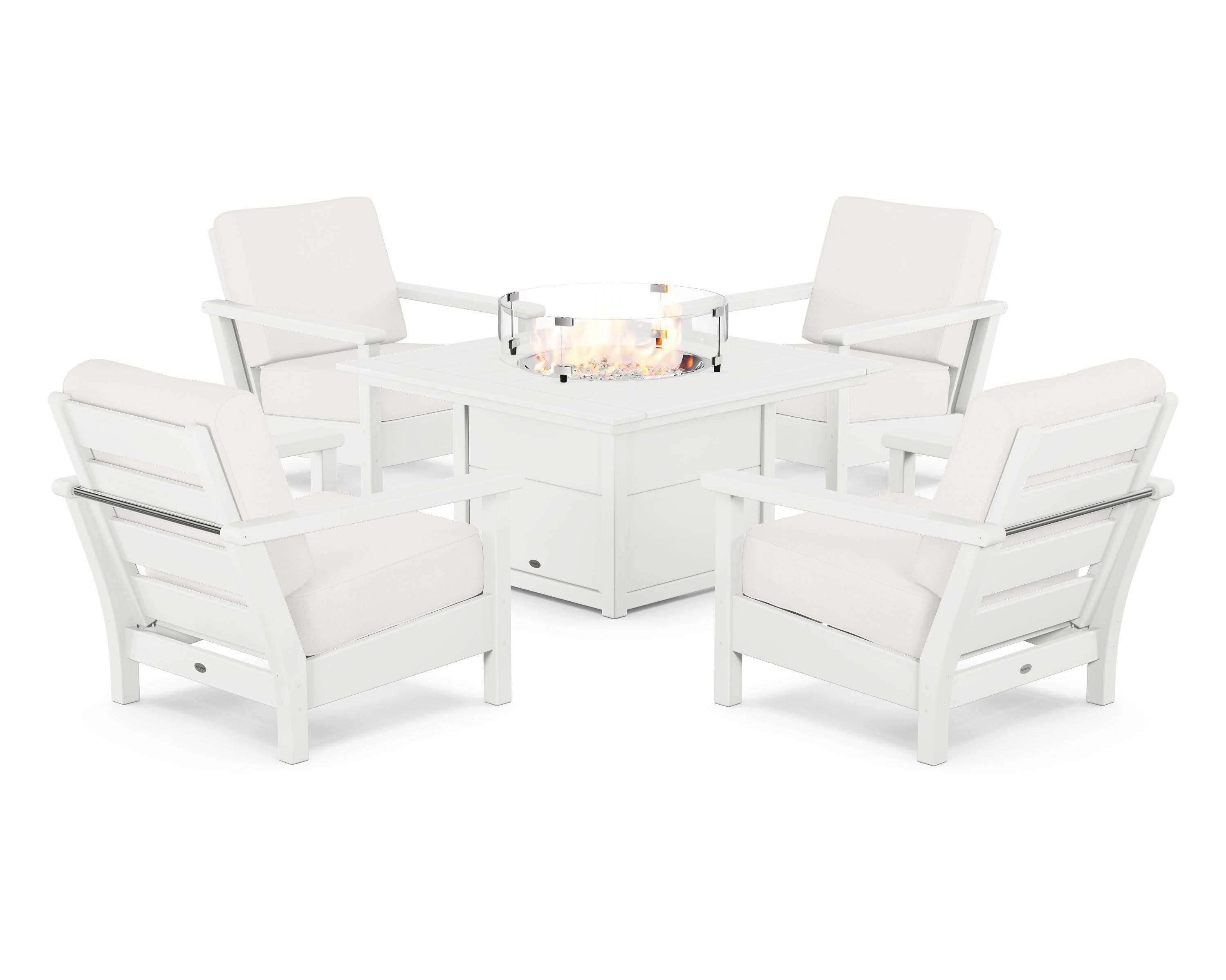 Harbour 5-Piece Conversation Set with Fire Pit Table in White / Natural Linen