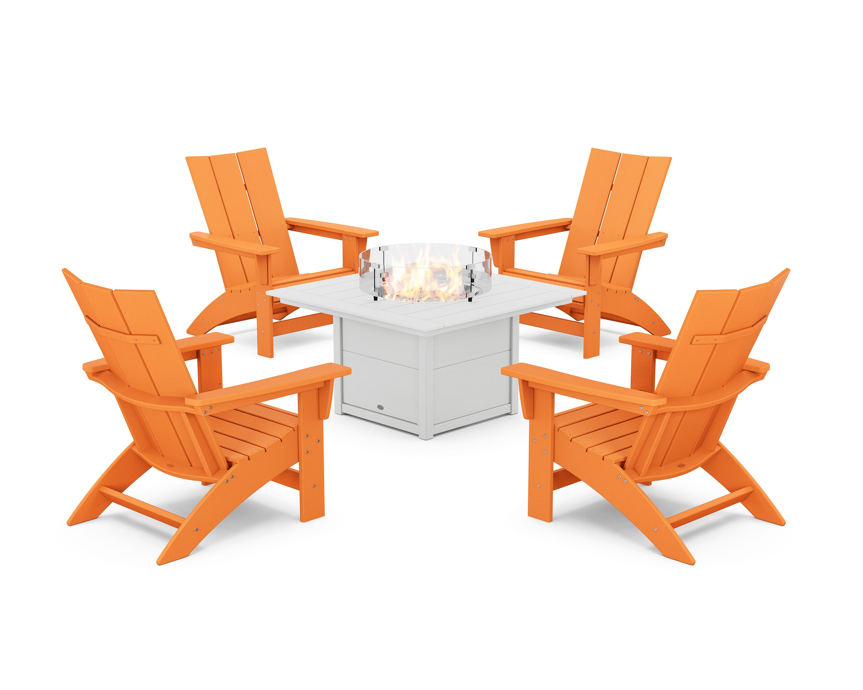 5-Piece Modern Grand Adirondack Conversation Set with Fire Pit Table in Tangerine / White