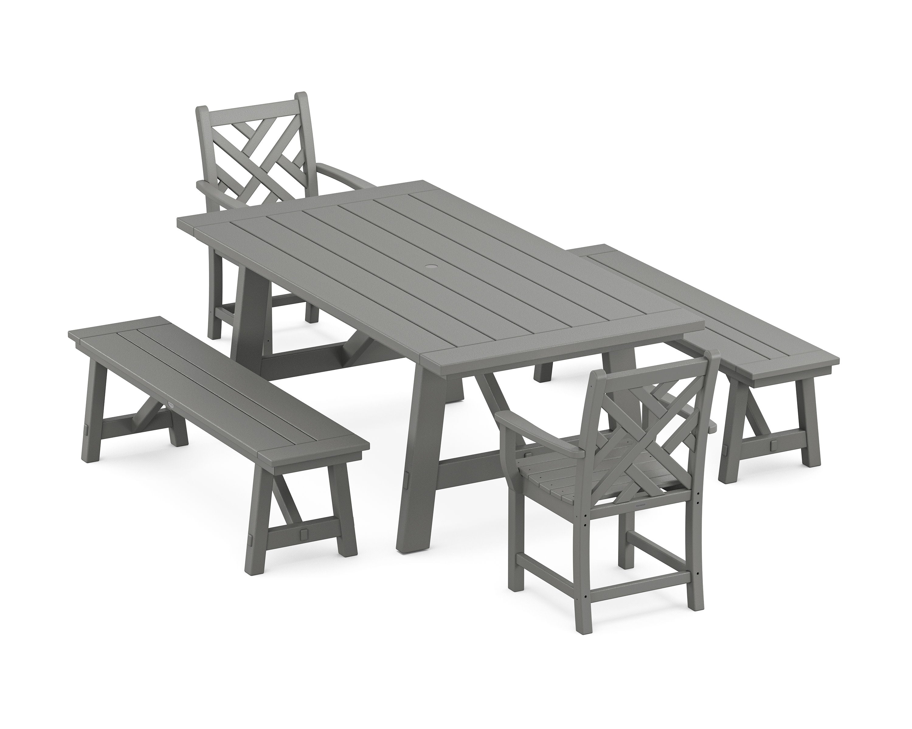 Chippendale 5-Piece Rustic Farmhouse Dining Set With Benches in Slate Grey