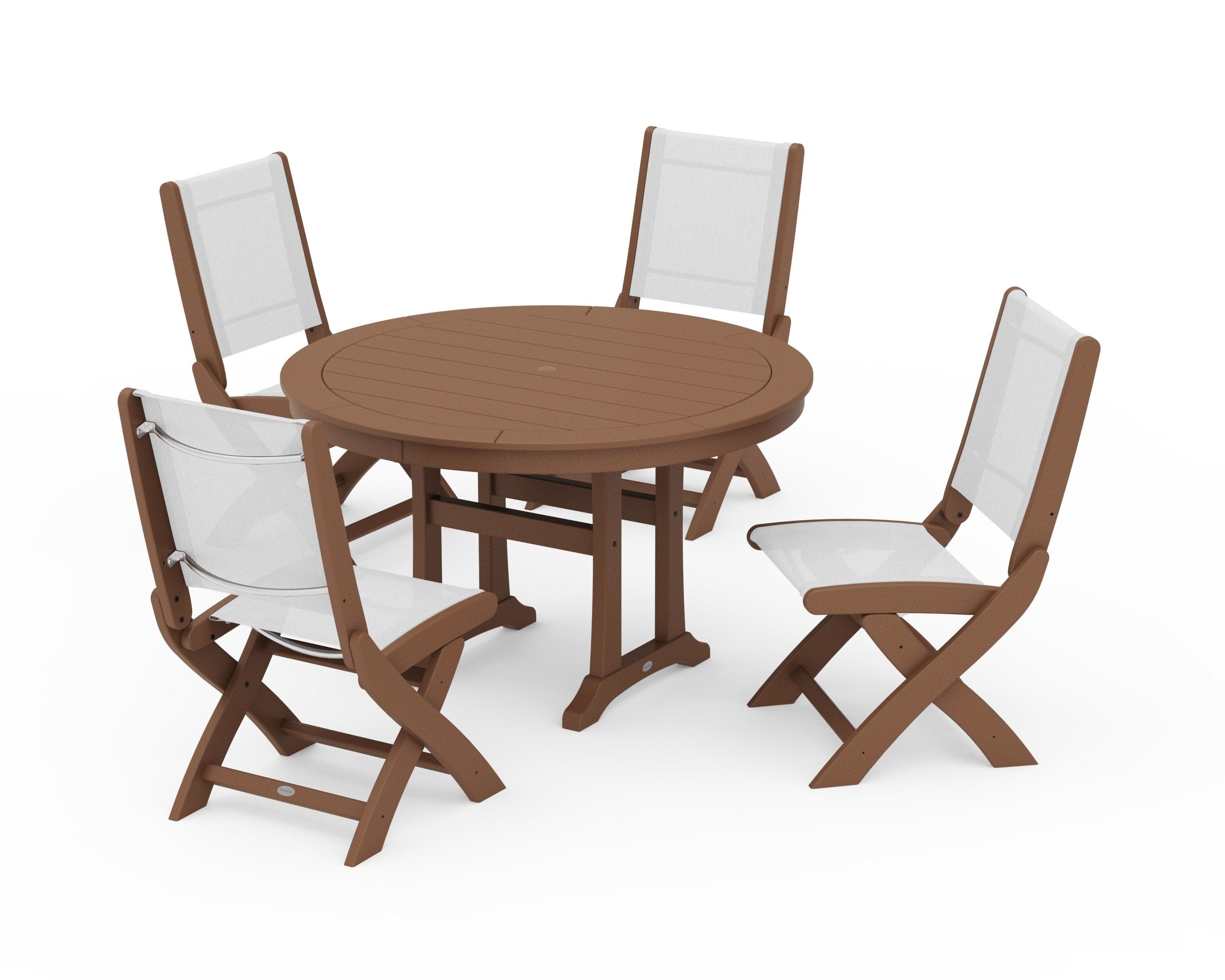 Coastal Folding Side Chair 5-Piece Round Dining Set With Trestle Legs in Teak / White Sling
