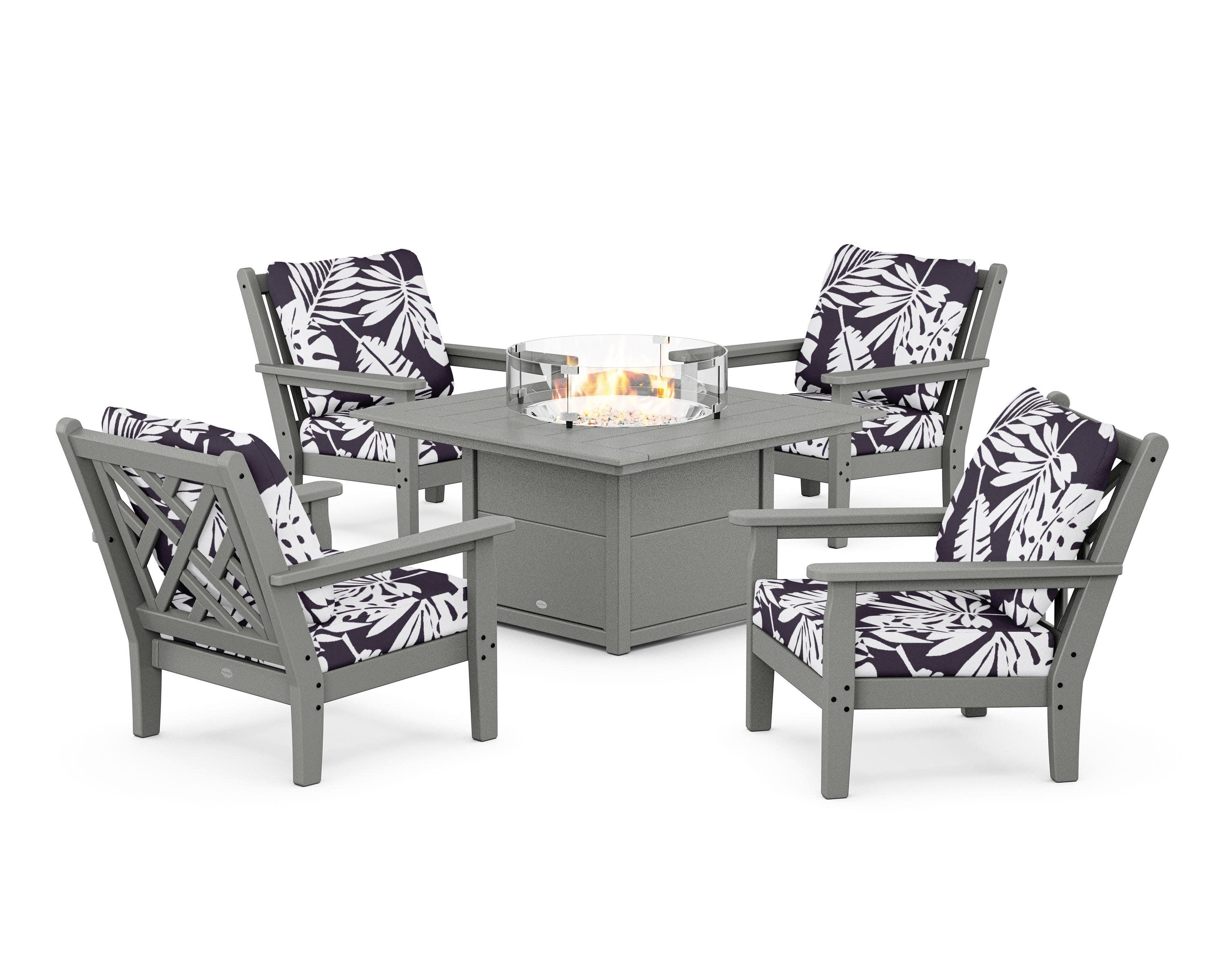 Chippendale 5-Piece Deep Seating Set with Fire Pit Table in Slate Grey / Leaf Navy