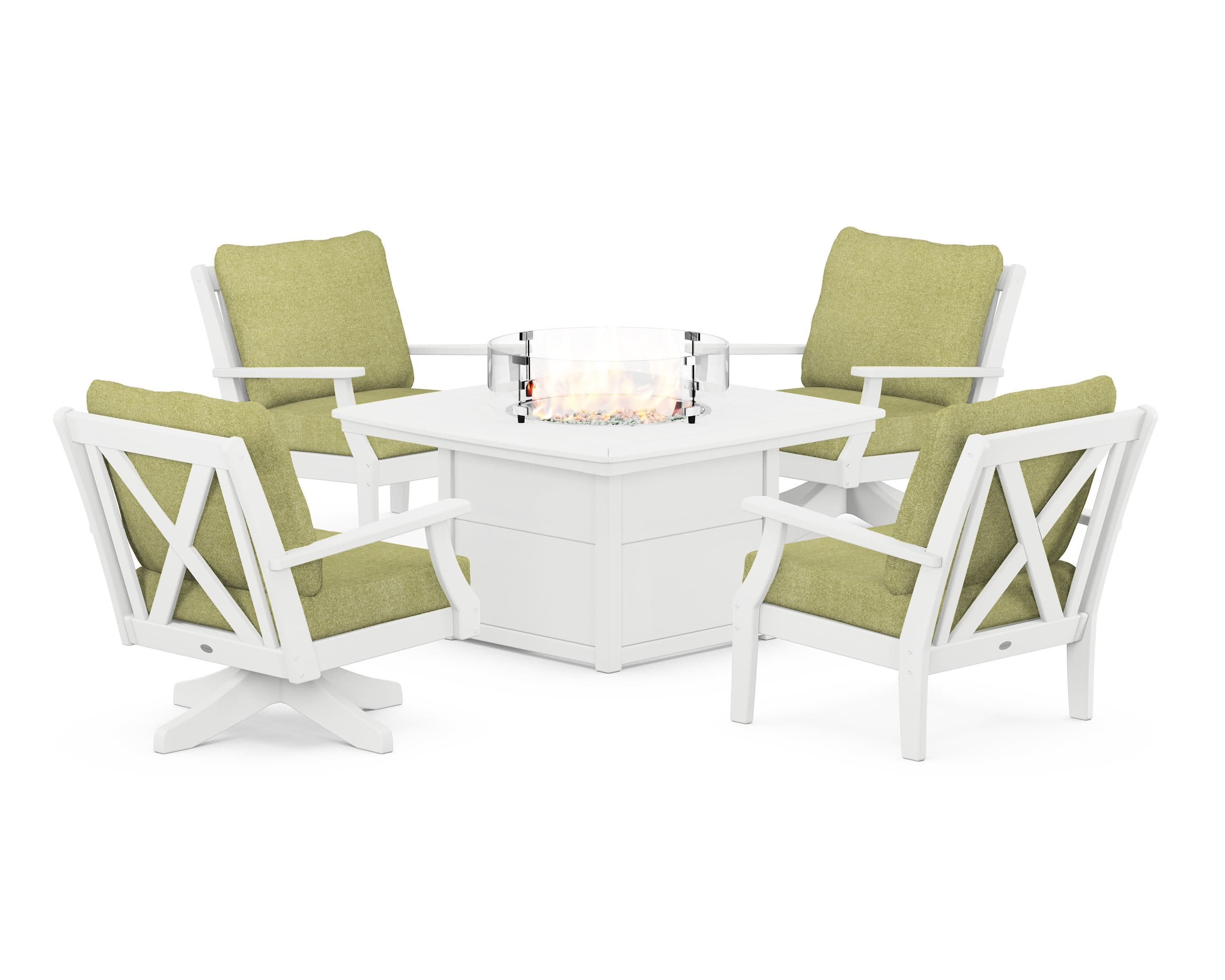 Braxton 5-Piece Deep Seating Set with Fire Table in White / Chartreuse Boucle
