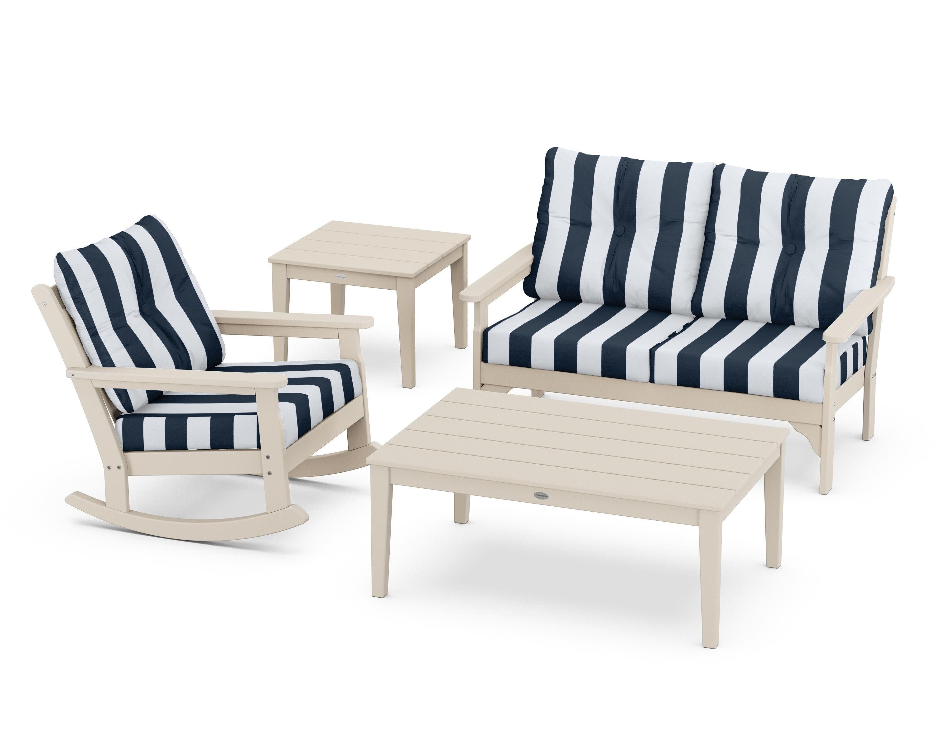 Vineyard 4-Piece Deep Seating Rocker Set in Sand / Cabana Stripe Marine Indigo