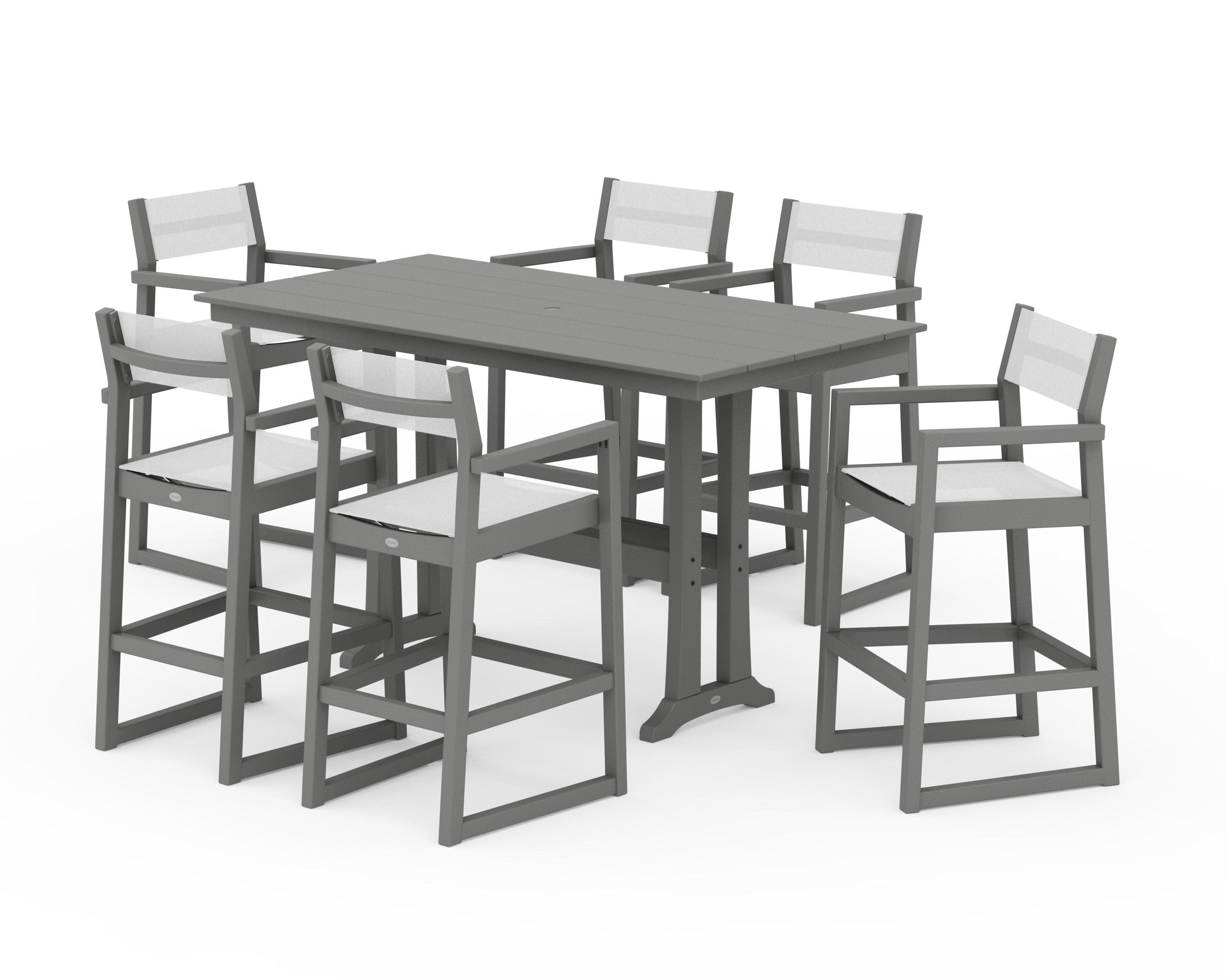 EDGE Sling Arm Chair 7-Piece Farmhouse Bar Set with Trestle Legs in Slate Grey / White Sling