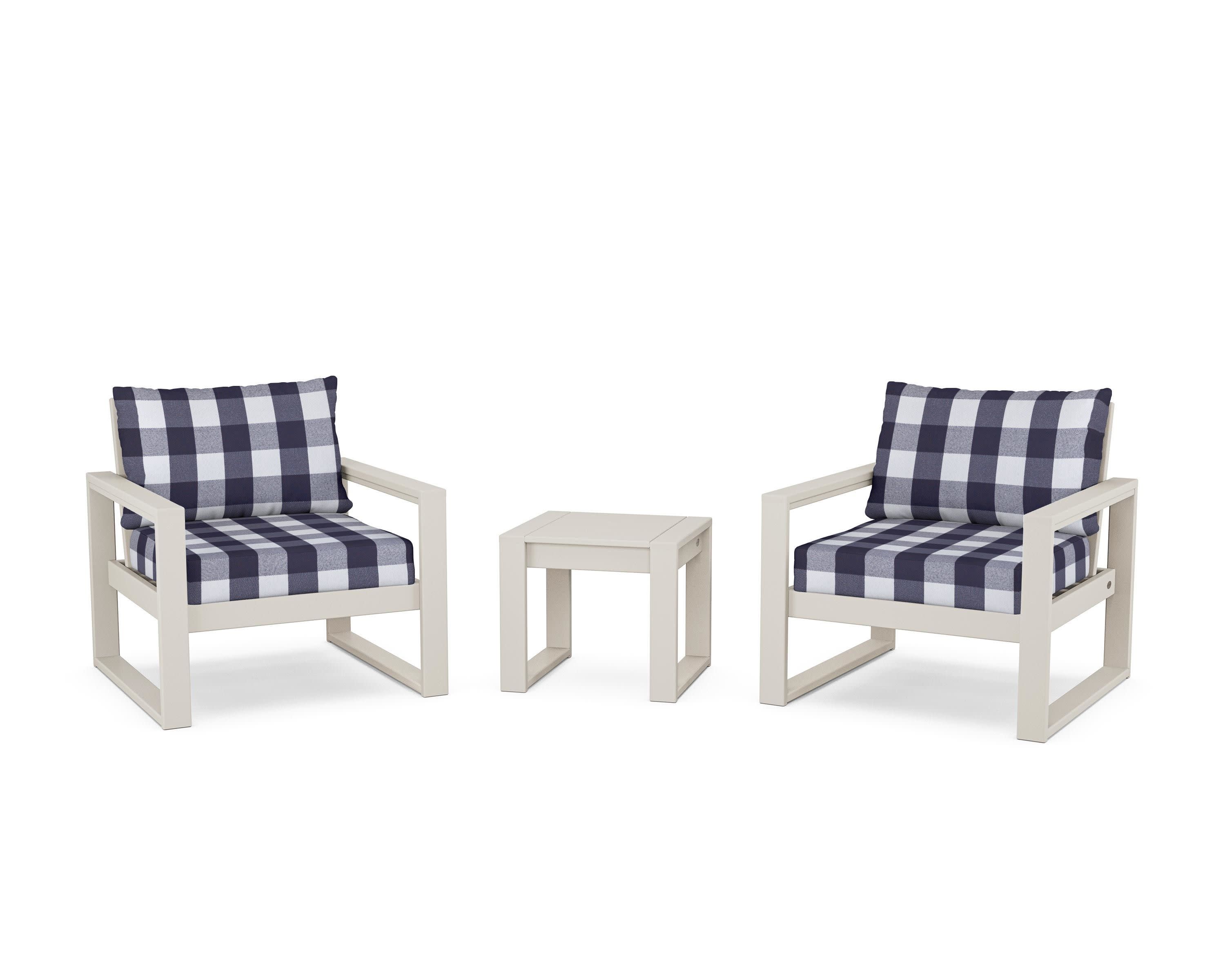 EDGE Sectional 3-Piece Deep Seating Set in Sand / Buffalo Plaid Navy