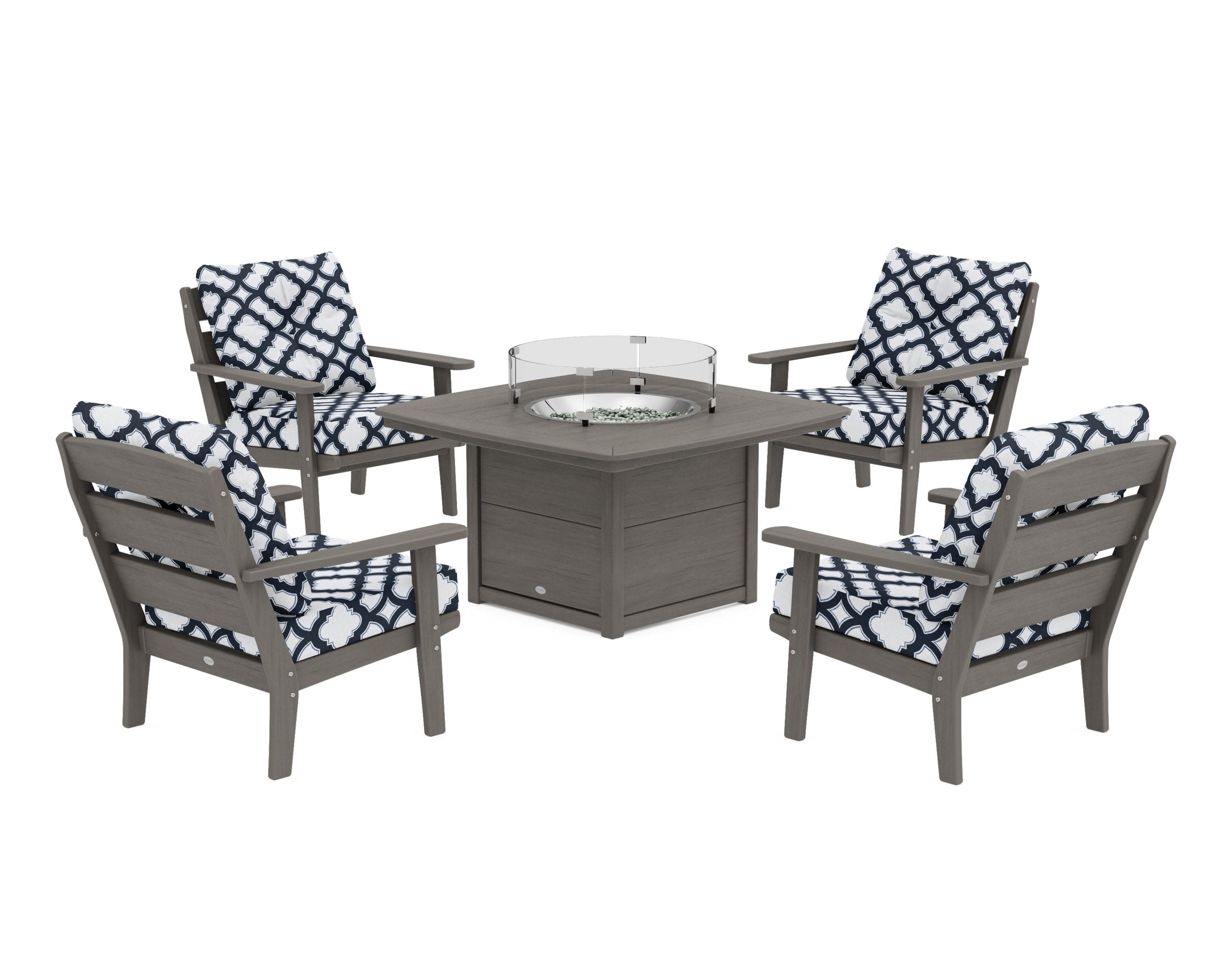Lakeside 5-Piece Deep Seating Set with Nautical Fire Pit Table in Driftwood / Trellis Marine Indigo