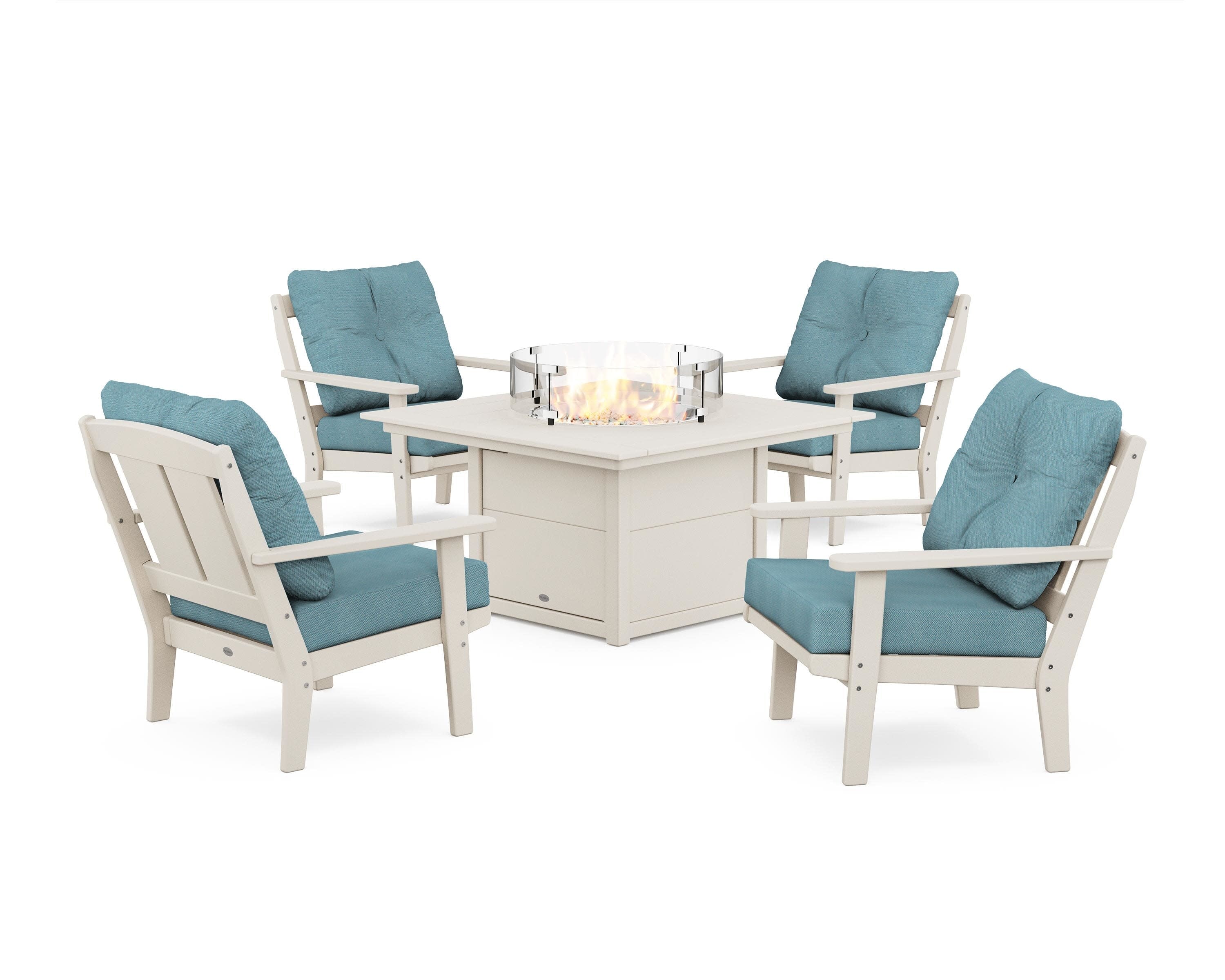 Mission 5-Piece Deep Seating Set with Fire Pit Table in Sand / Lattice Sky Blue