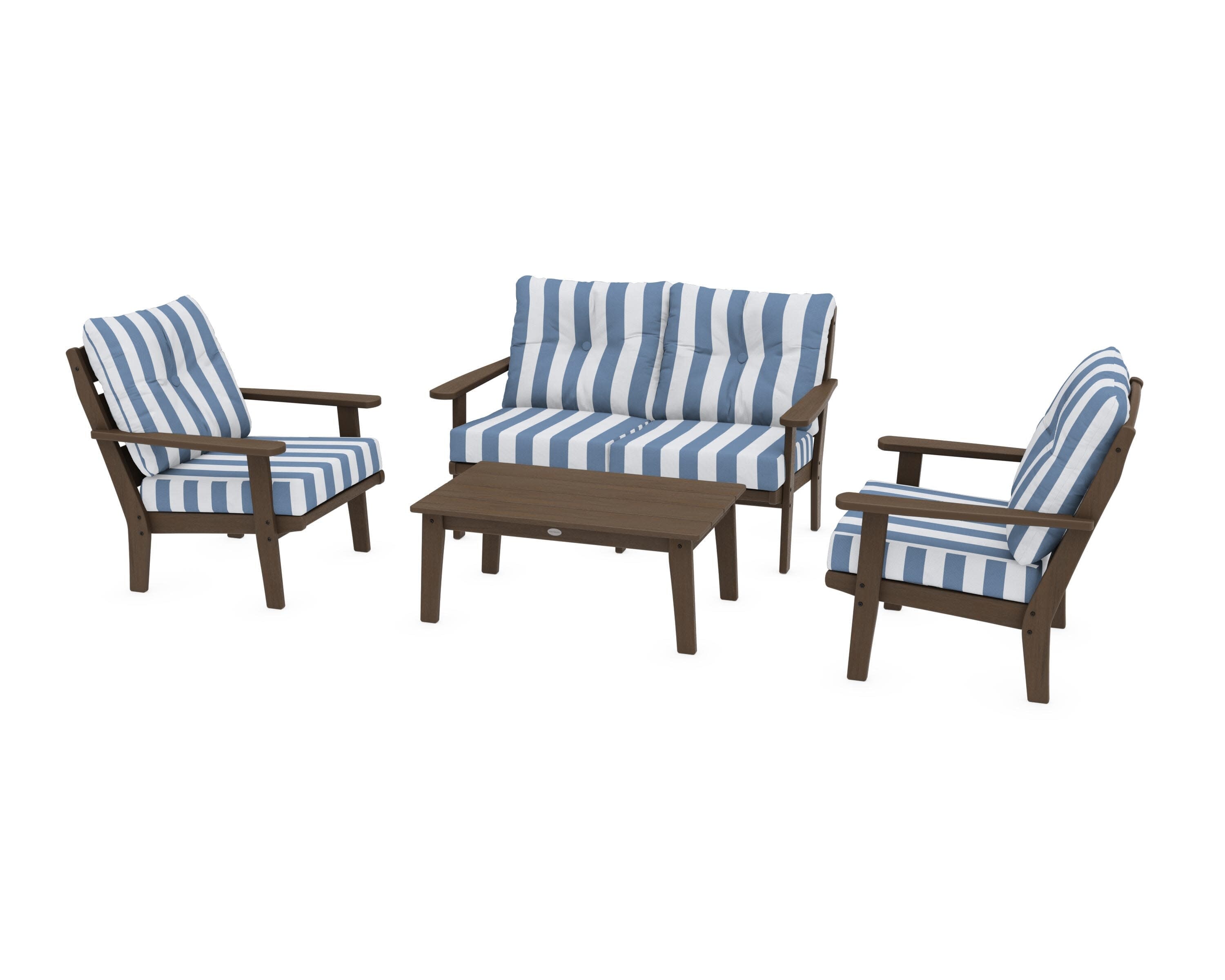 Lakeside 4-Piece Deep Seating Set in Kona / Cabana Stripe Sky Blue