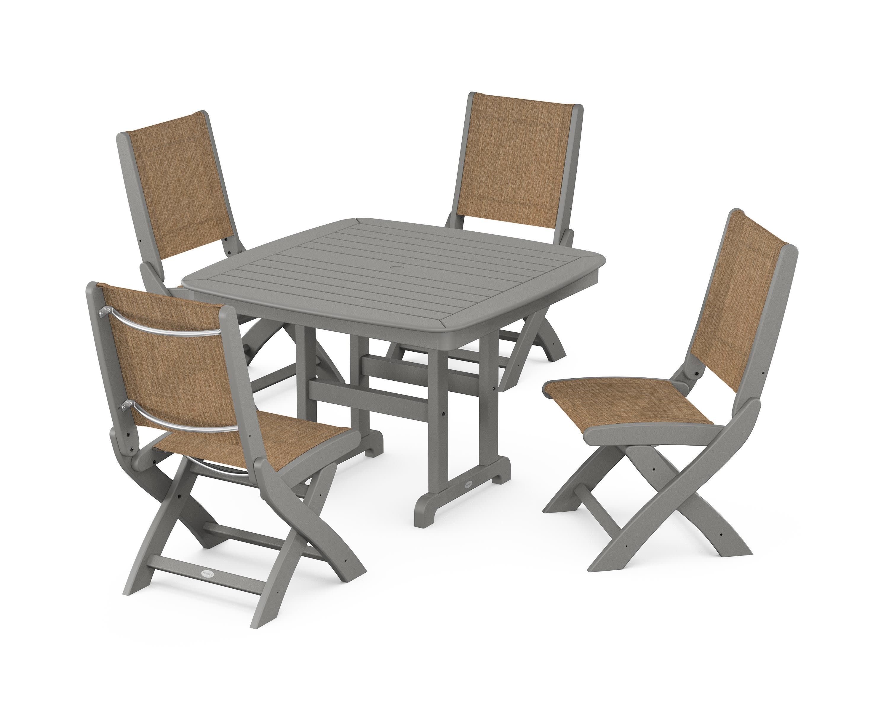 Coastal Folding Side Chair 5-Piece Dining Set in Slate Grey / Burlap Sling