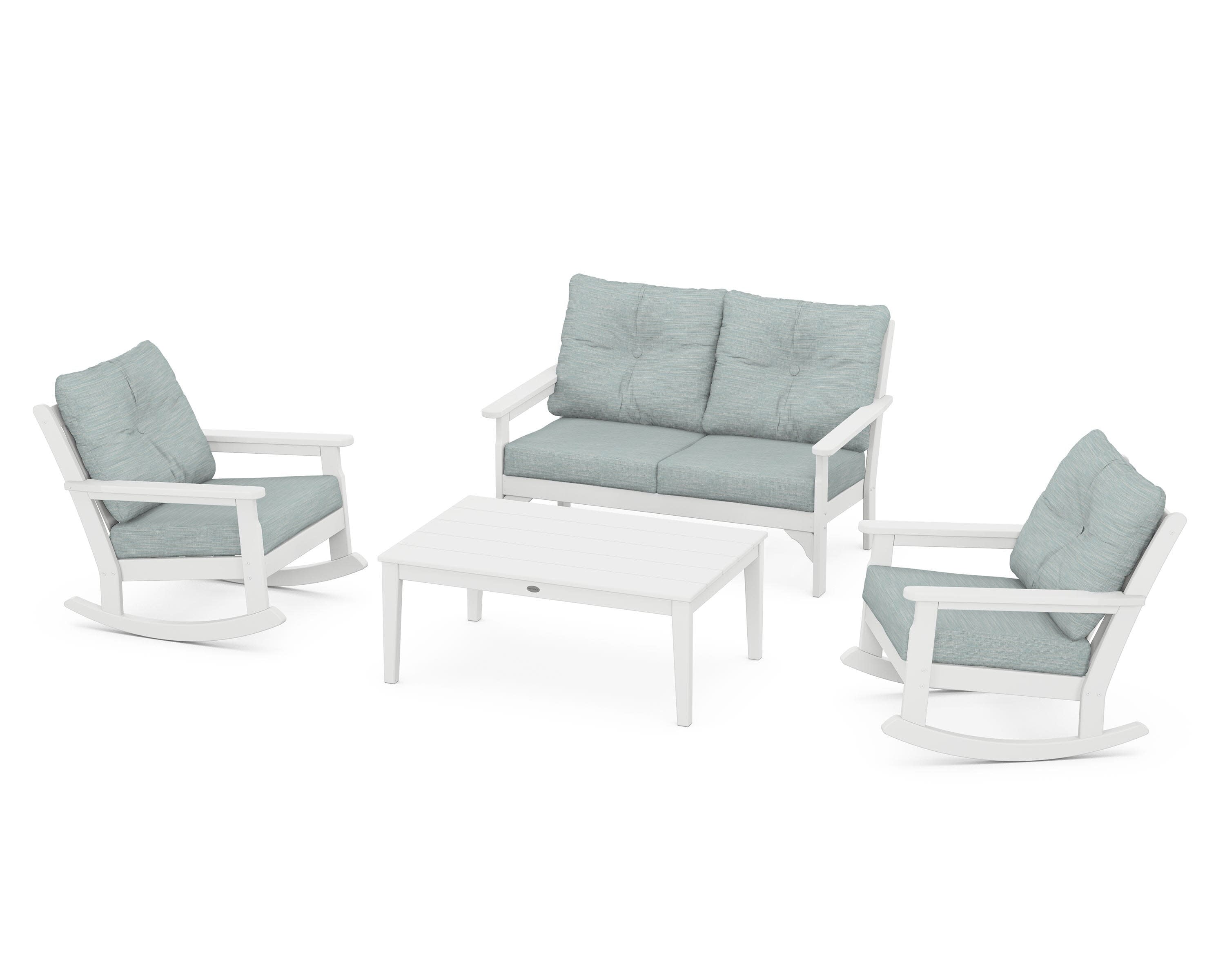 Vineyard 4-Piece Deep Seating Rocking Chair Set in White / Soothe Mist