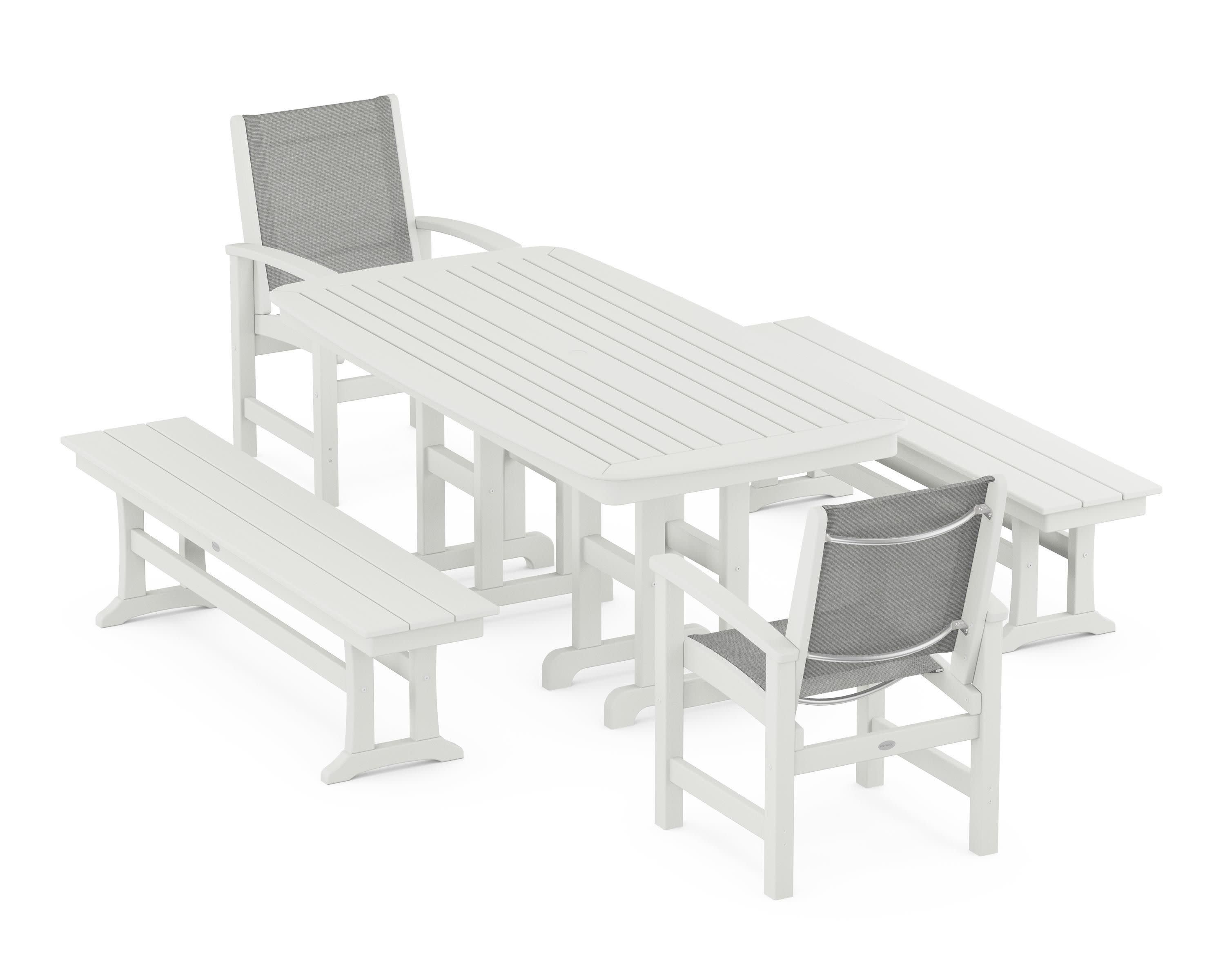 Coastal 5-Piece Dining Set in Vintage White / Metallic Sling