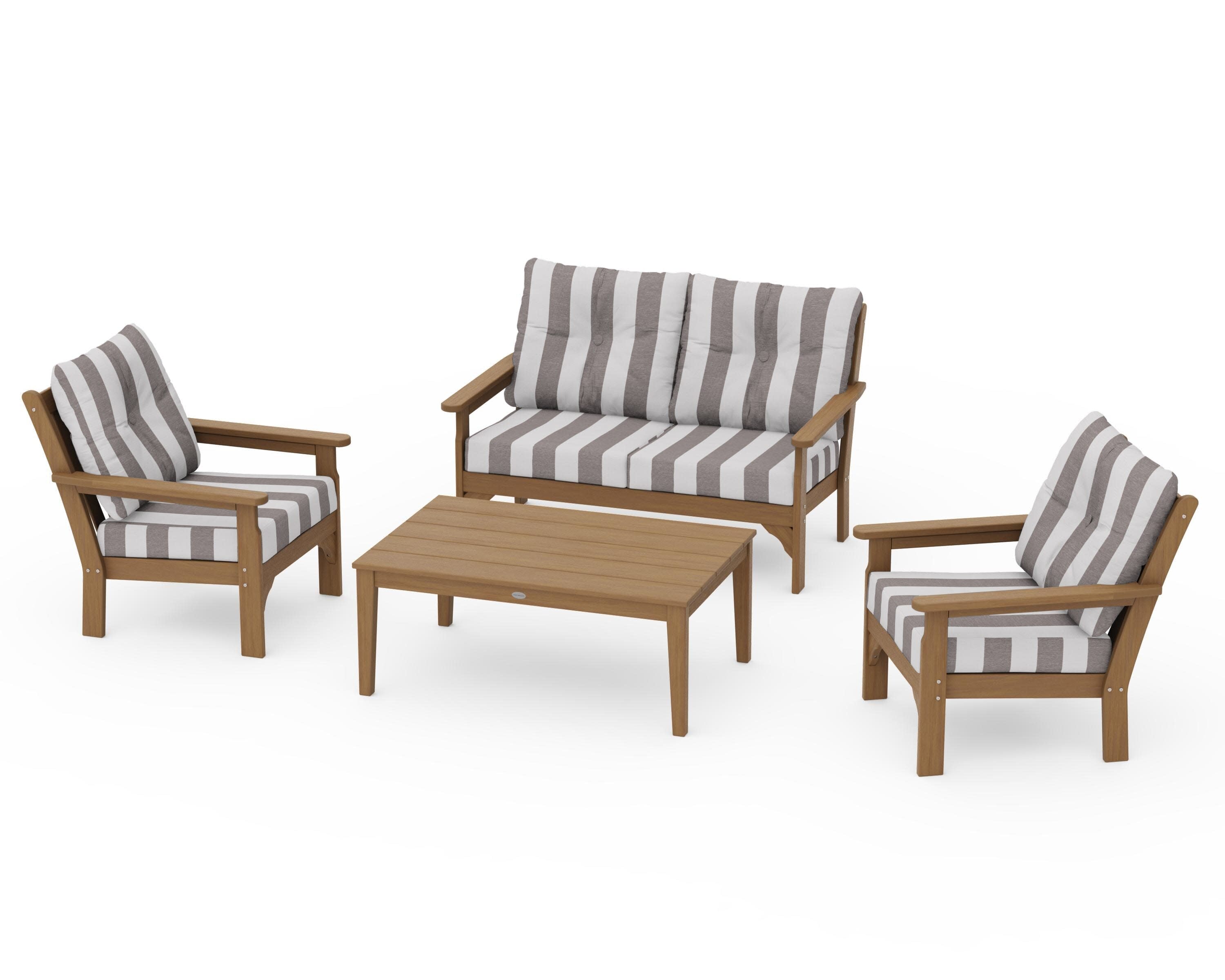 Vineyard 4-Piece Deep Seating Set in Natural / Cabana Stripe Grey Mist