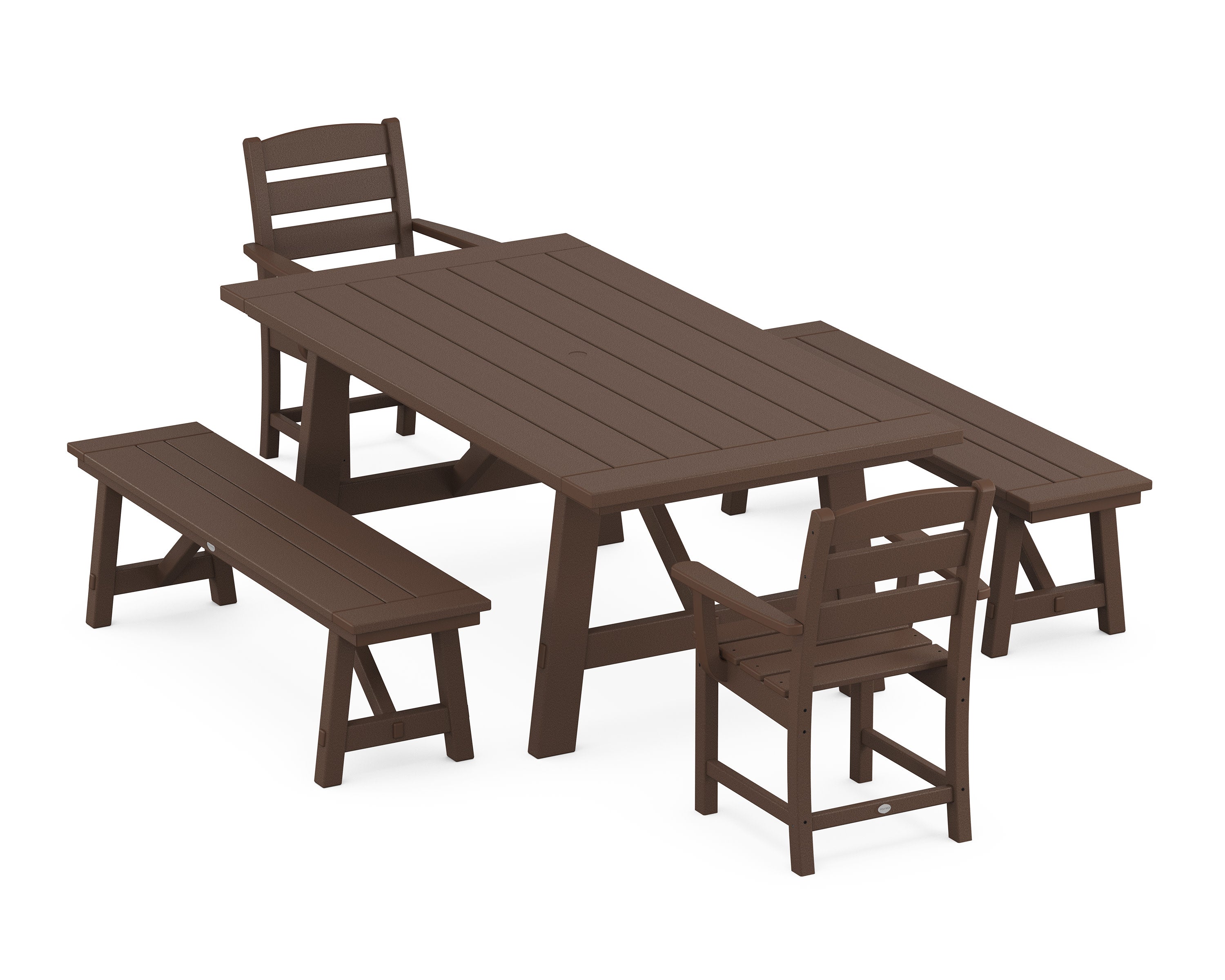 Lakeside 5-Piece Rustic Farmhouse Dining Set With Benches in Mahogany