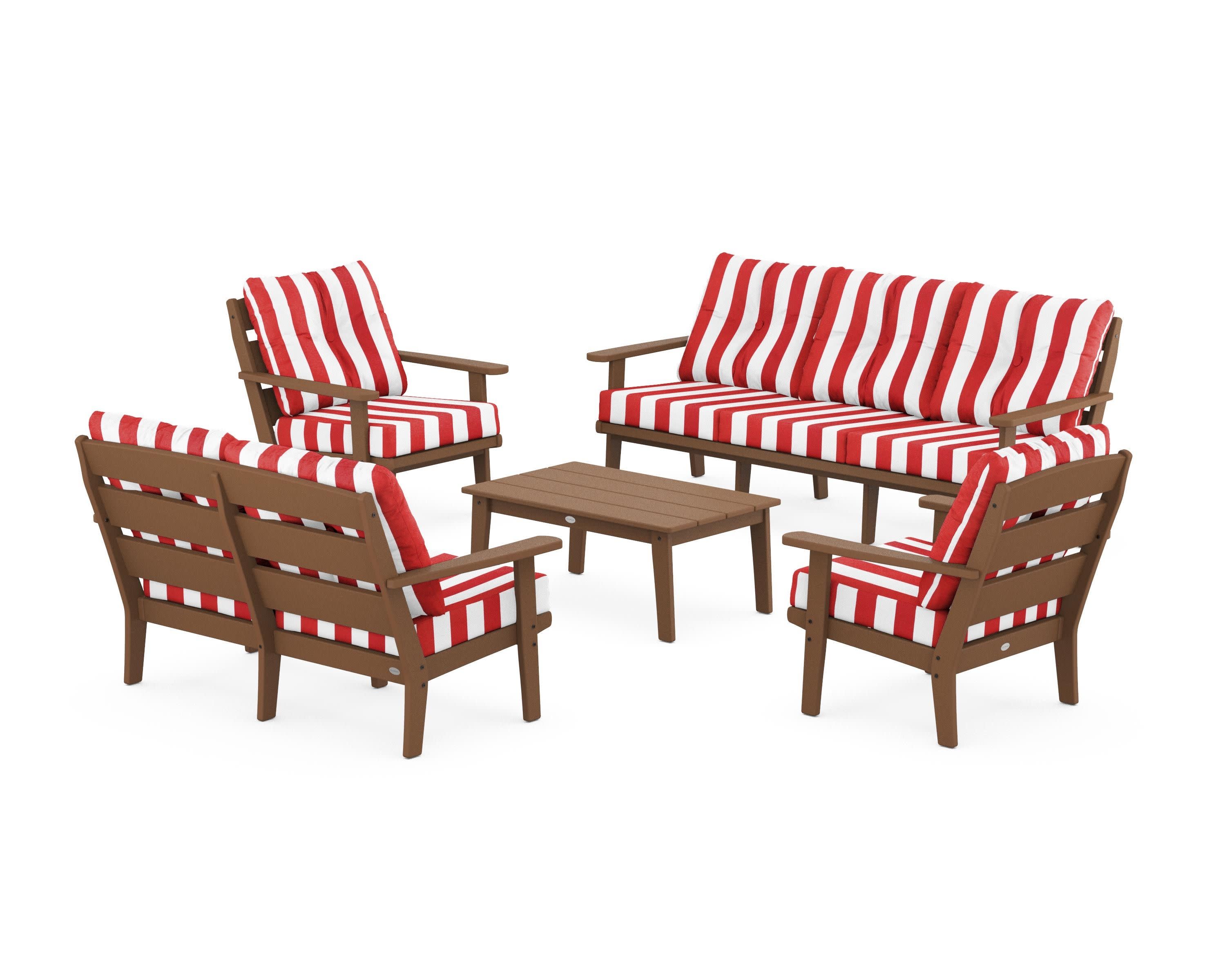 Lakeside 5-Piece Lounge Sofa Set in Teak / Cabana Stripe Crimson