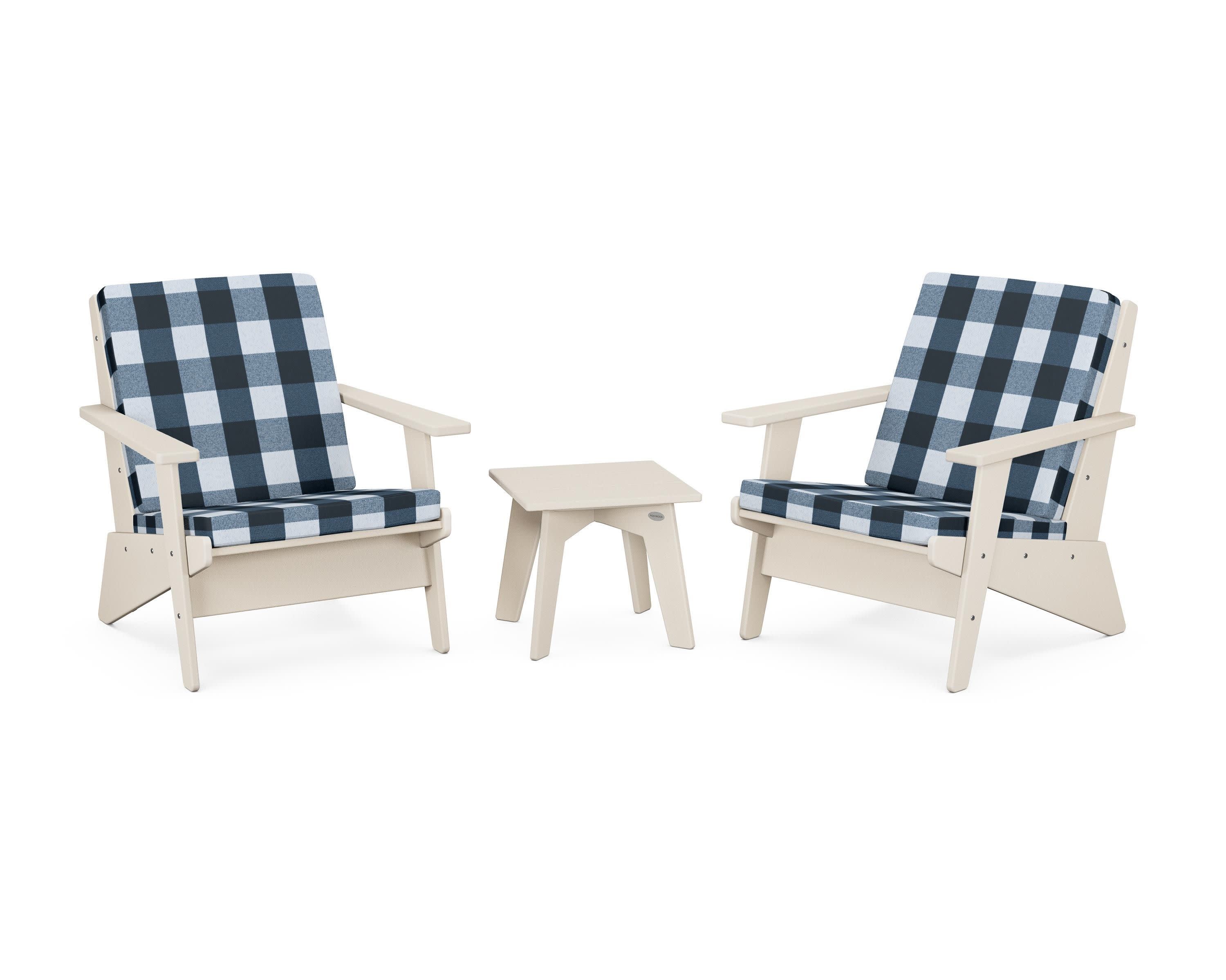 Riviera Modern Lounge 3-Piece Set in Sand / Buffalo Plaid Marine Indigo