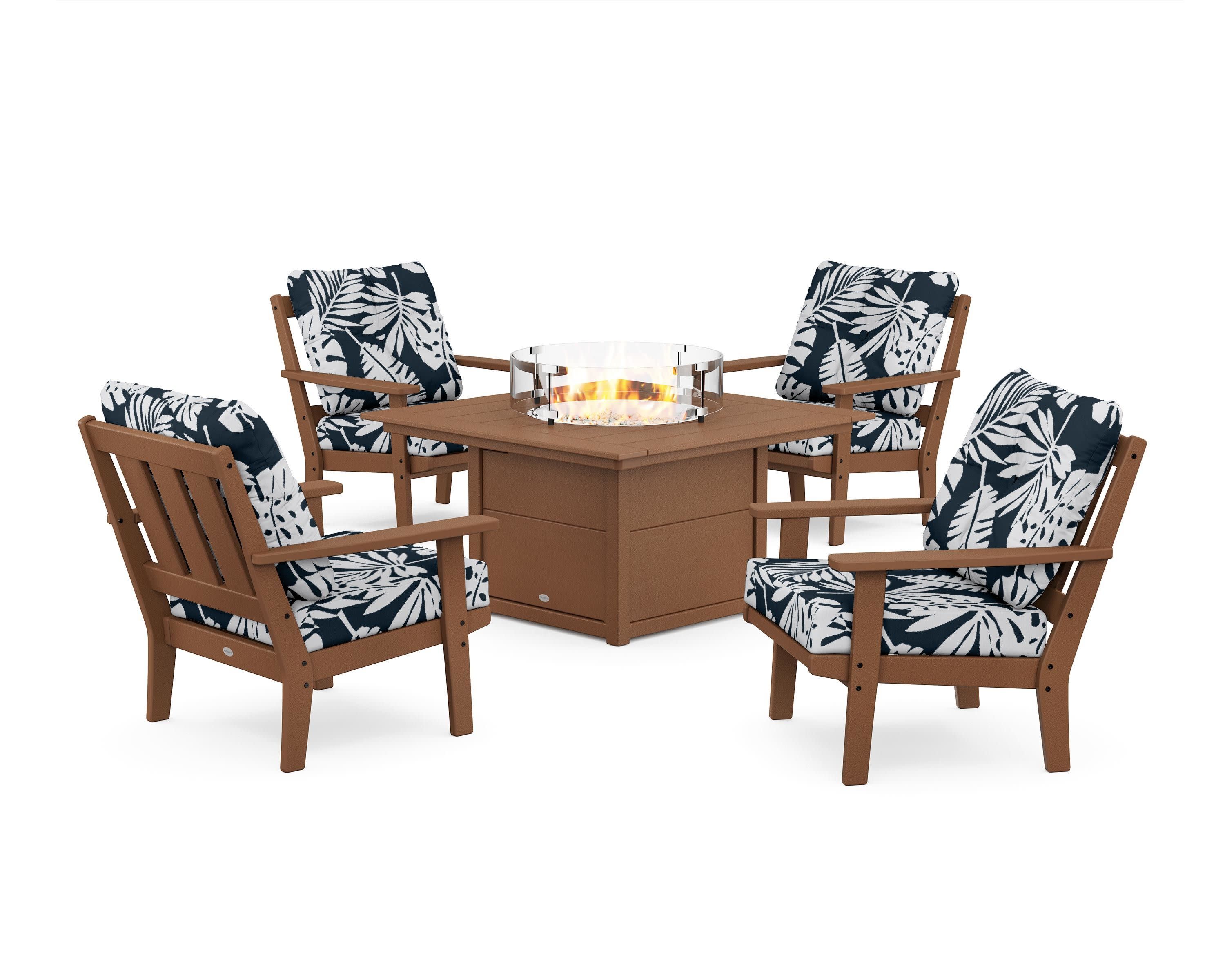 Oxford 5-Piece Deep Seating Set with Fire Pit Table in Teak / Leaf Marine Indigo