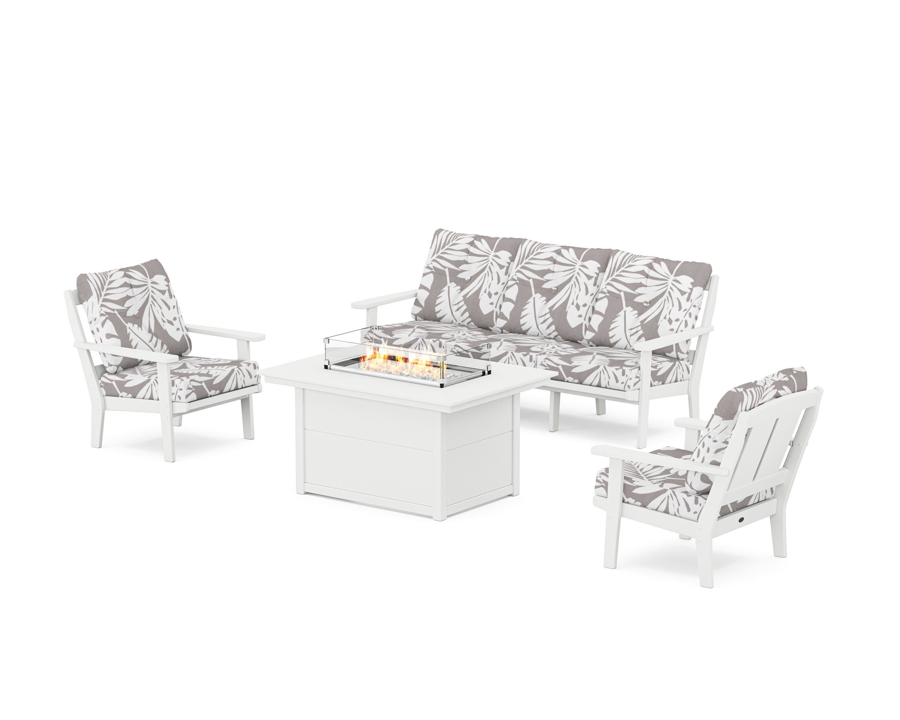 Mission Deep Seating Fire Pit Table Set in White / Leaf Grey Mist