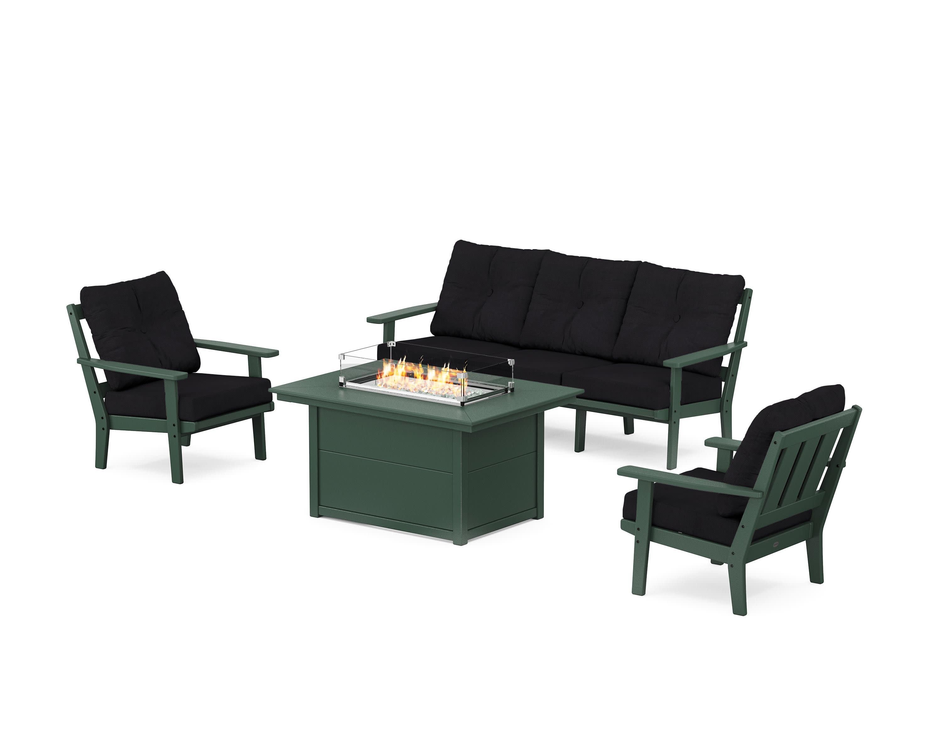 Oxford Deep Seating Fire Pit Table Set in Green / Midnight Linen