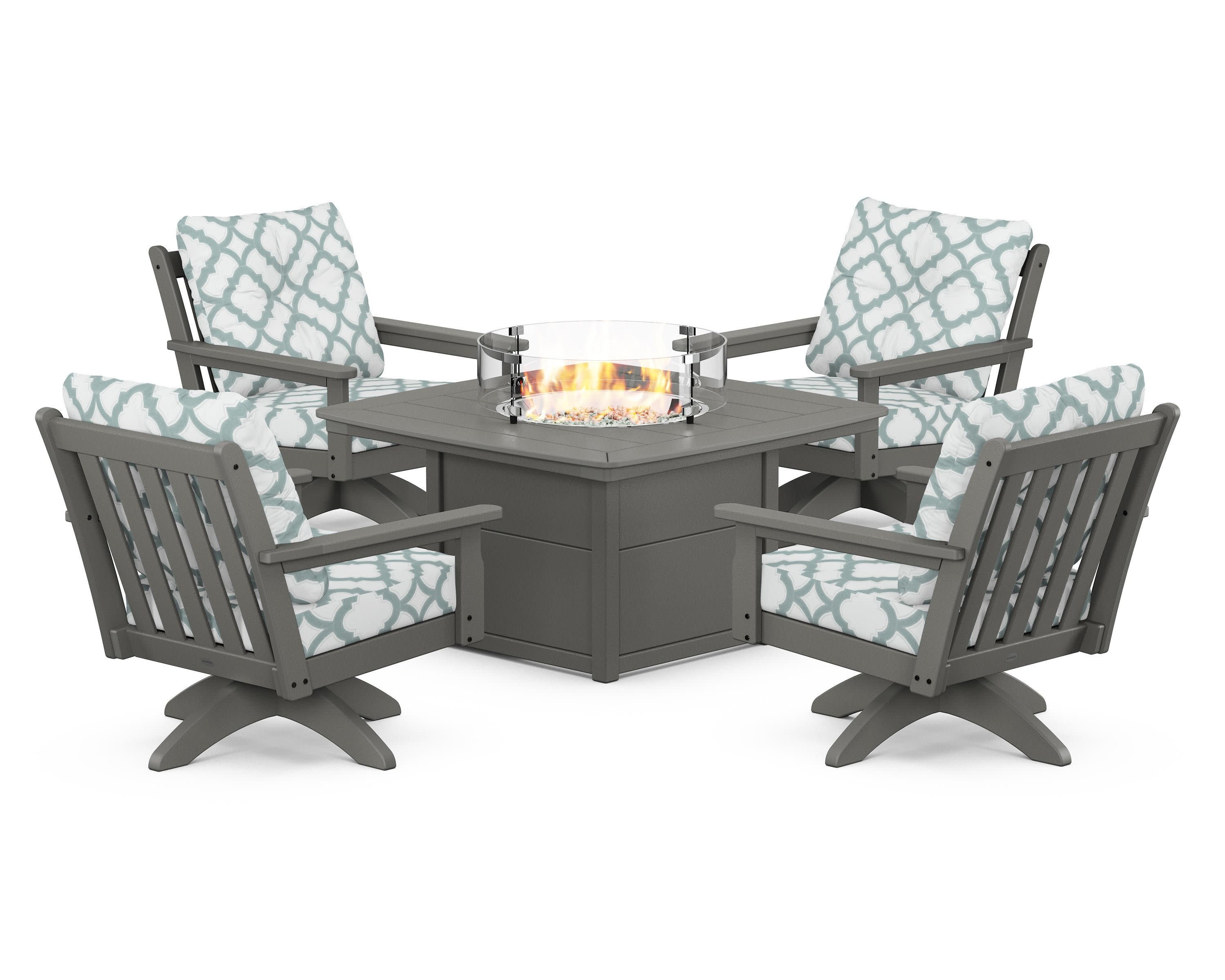 Vineyard 5-Piece Deep Seating Swivel Conversation Set with Fire Pit Table in Slate Grey / Trellis Glacier Spa