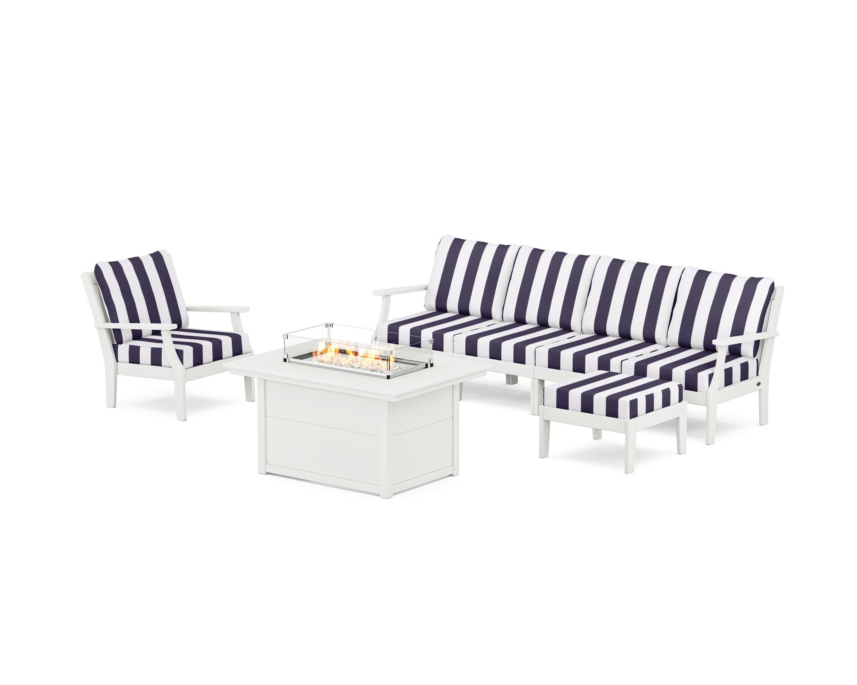 Braxton Sectional Lounge and Fire Pit Set in Vintage White / Cabana Stripe Navy