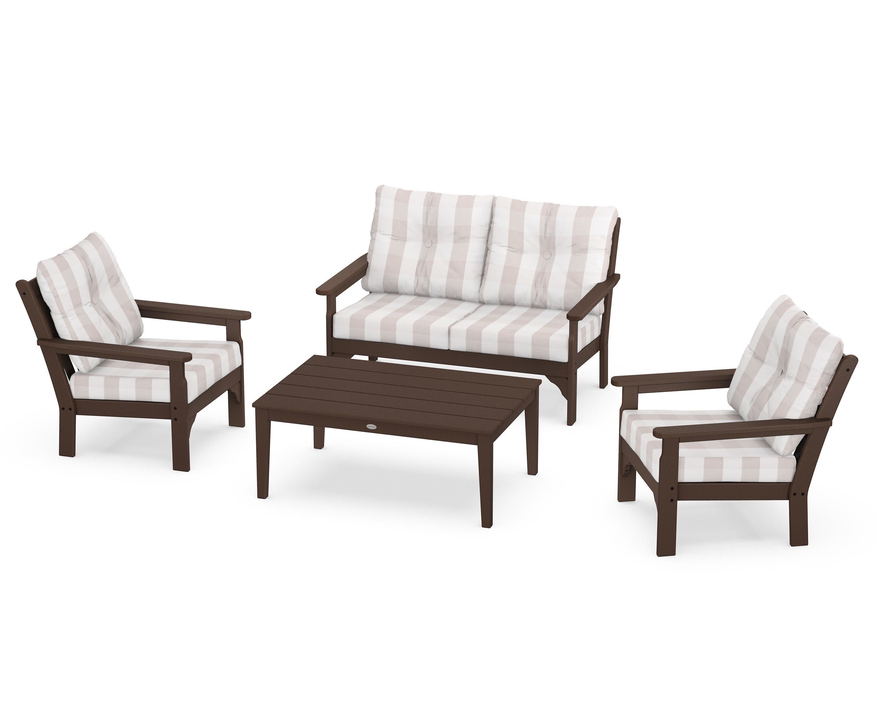 Vineyard 4-Piece Deep Seating Set in Mahogany / Buffalo Plaid Dune Burlap