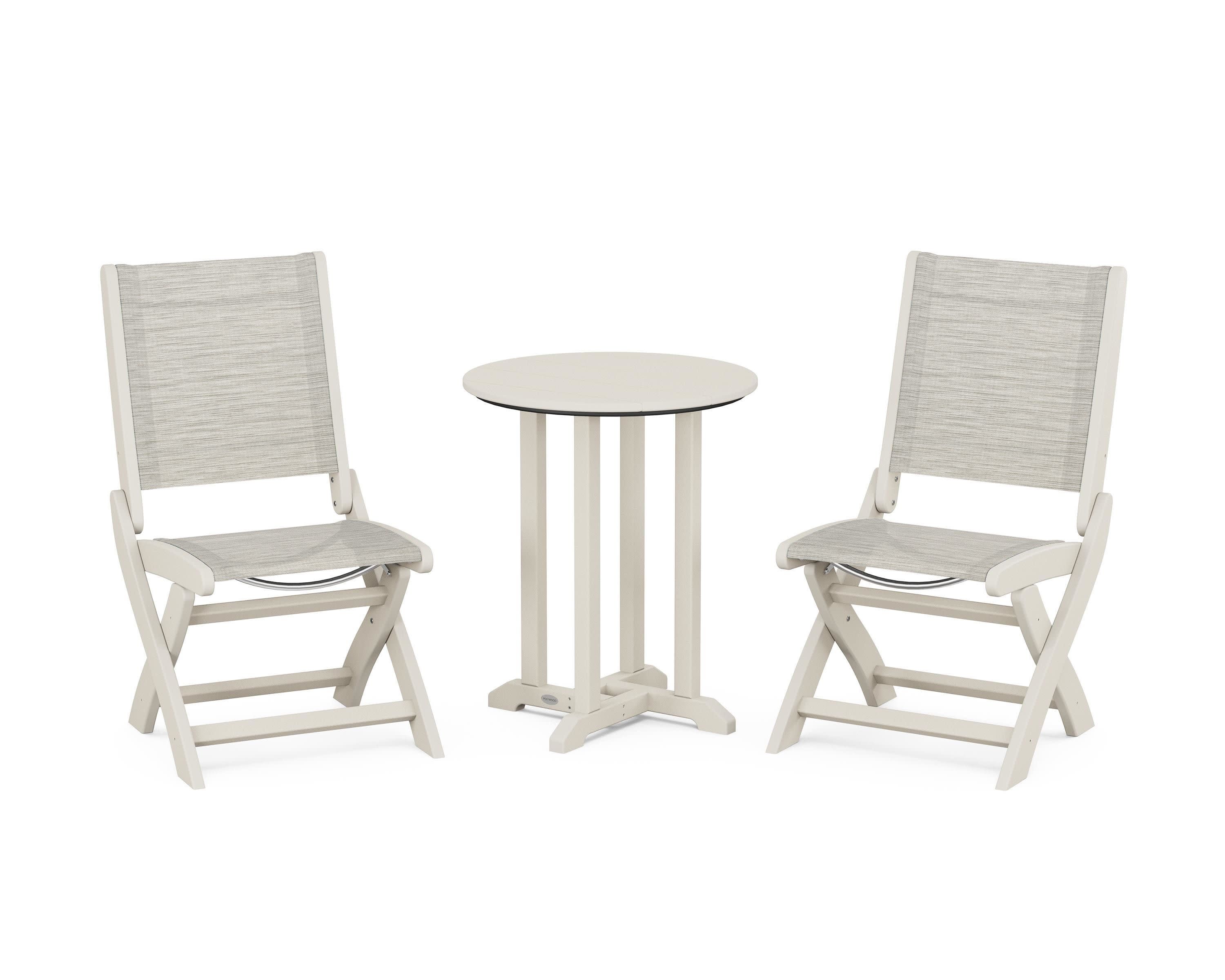 Coastal Folding Side Chair 3-Piece Round Bistro Dining Set in Sand / Birch Sling